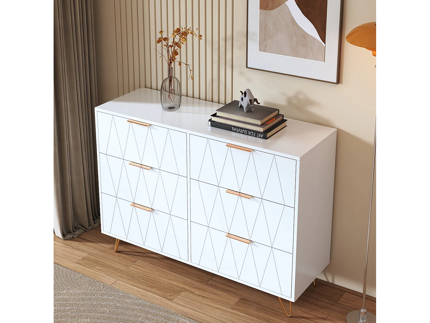 Commode blanche moderne à 6 tiroirs, design géométrique et poignées dorées