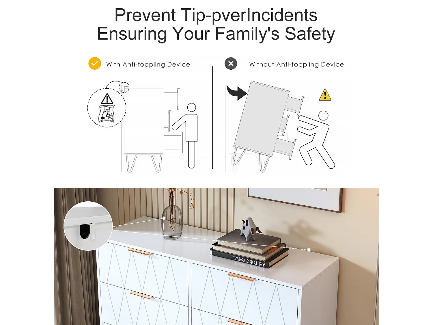Commode blanche moderne à 6 tiroirs, design géométrique et poignées dorées