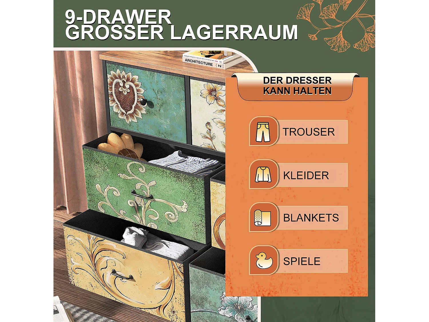 Ladekast 100 cm, 7 opberglades, vintage patroon - Multicolor