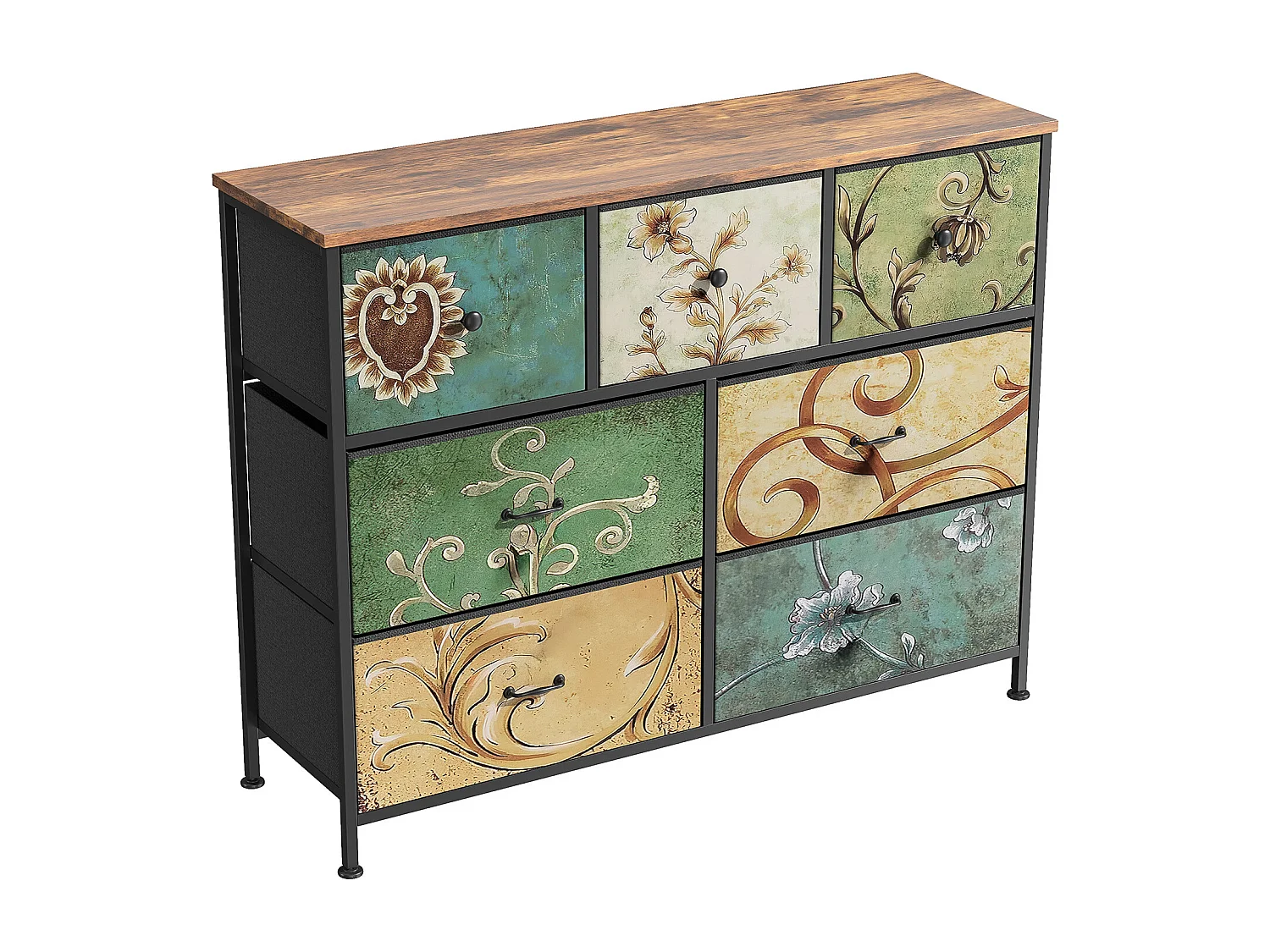 Commode 100 cm, 7 tiroirs de rangement, motif vintage – Multicolore