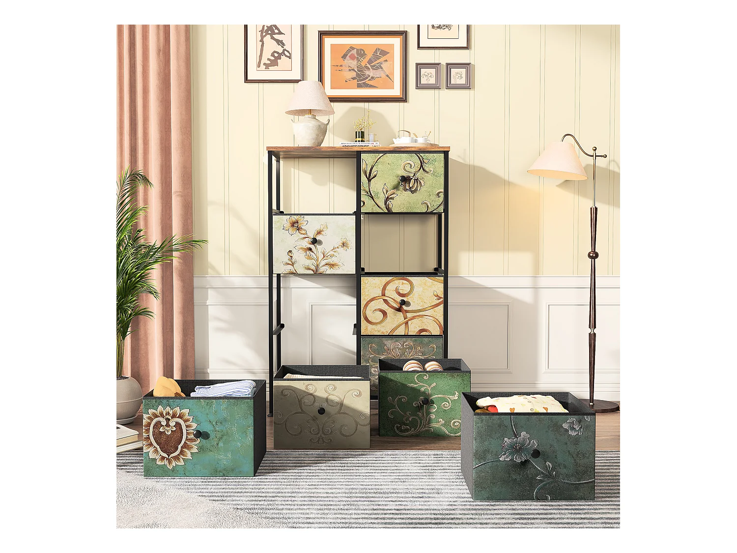 Commode vintage à 8 tiroirs en tissu imprimé, structure en métal – Design rétro et fonctionnel