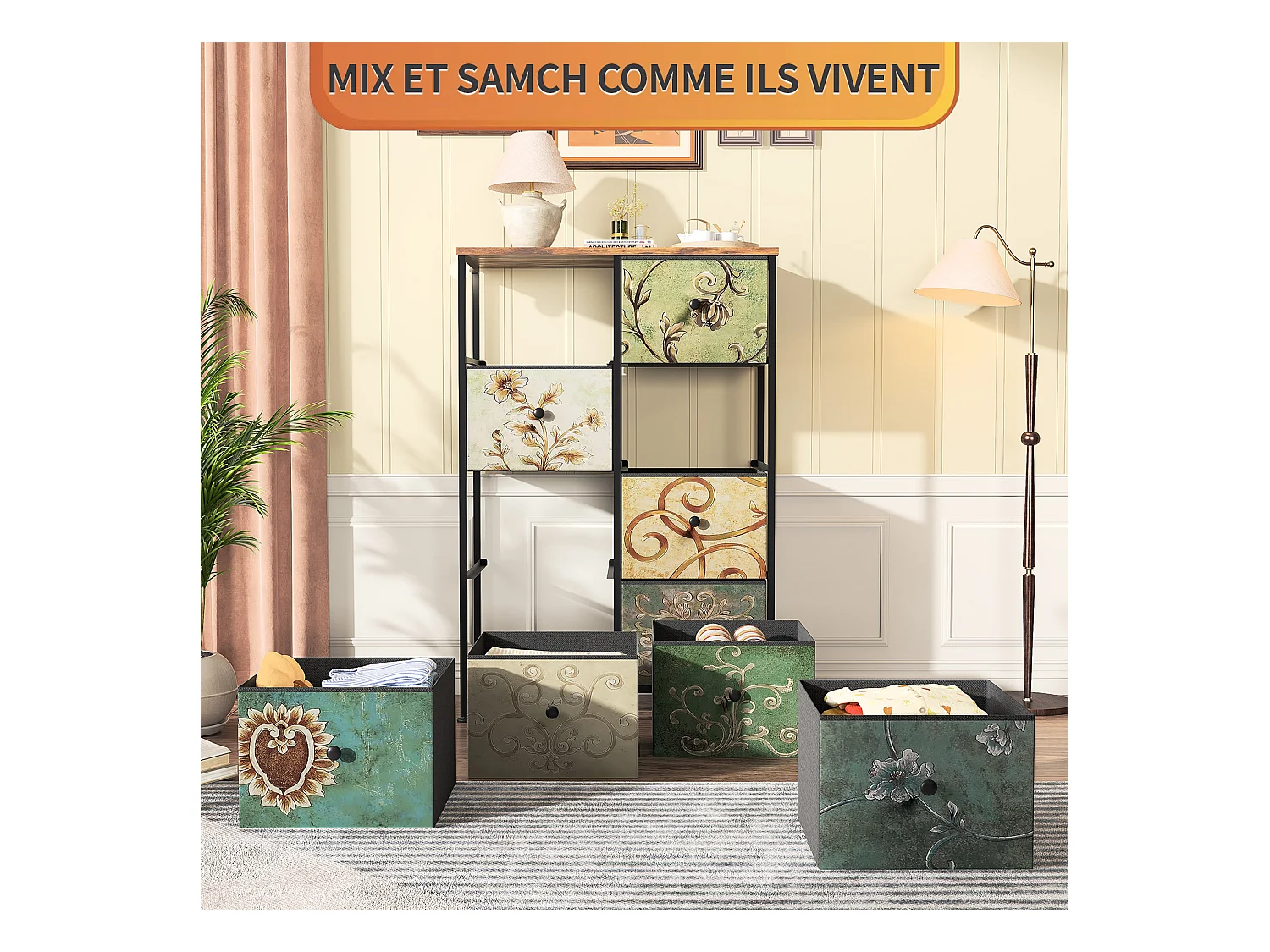 Commode vintage à 8 tiroirs en tissu imprimé, structure en métal – Design rétro et fonctionnel