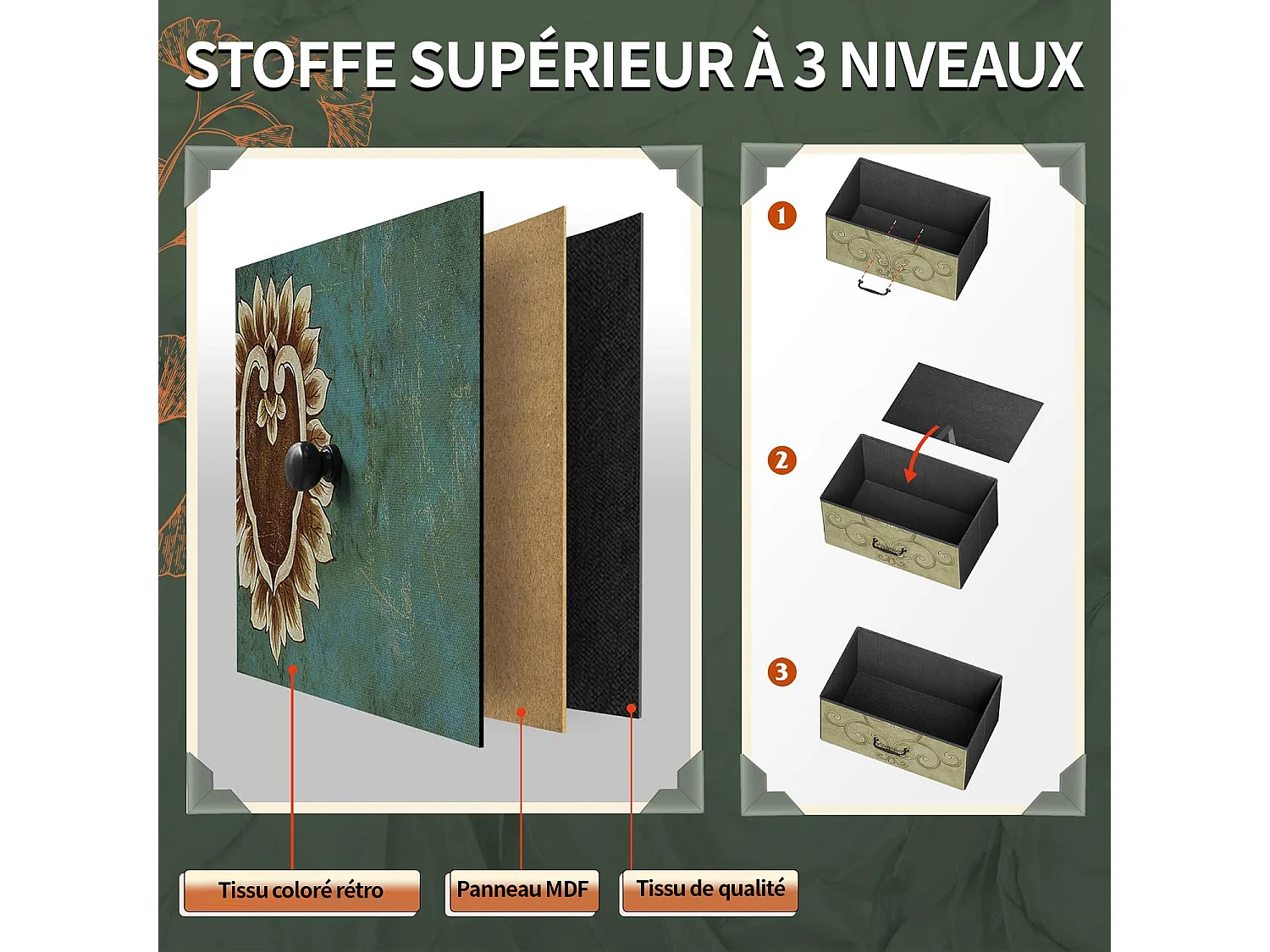 Vintage-Kommode mit 8 Schubladen aus bedrucktem Stoff, Metallrahmen – Retro und funktionales Design