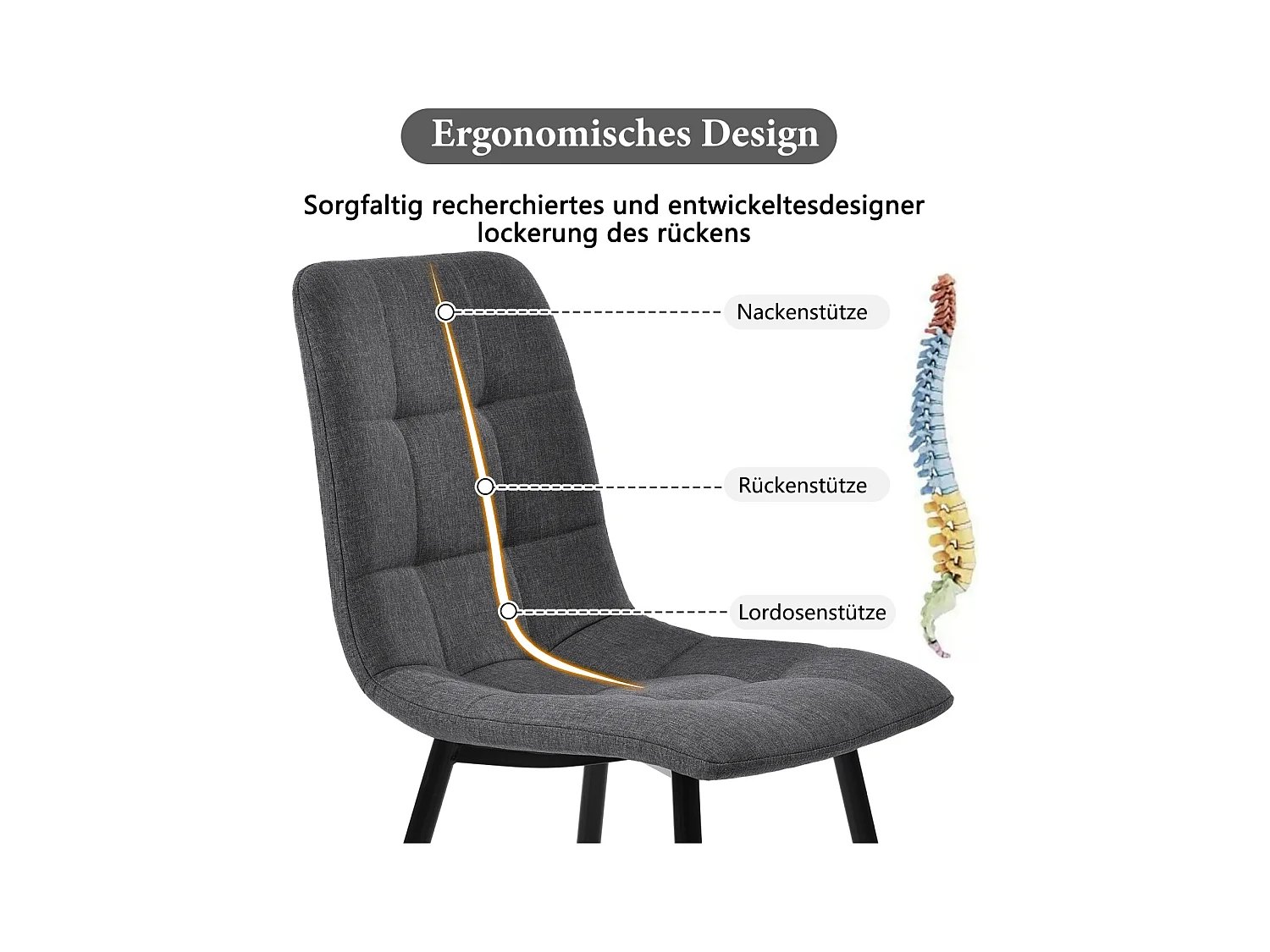 Set van 4 eetkamerstoelen – donkergrijs linnen, gestoffeerd, metalen frame, elegant design