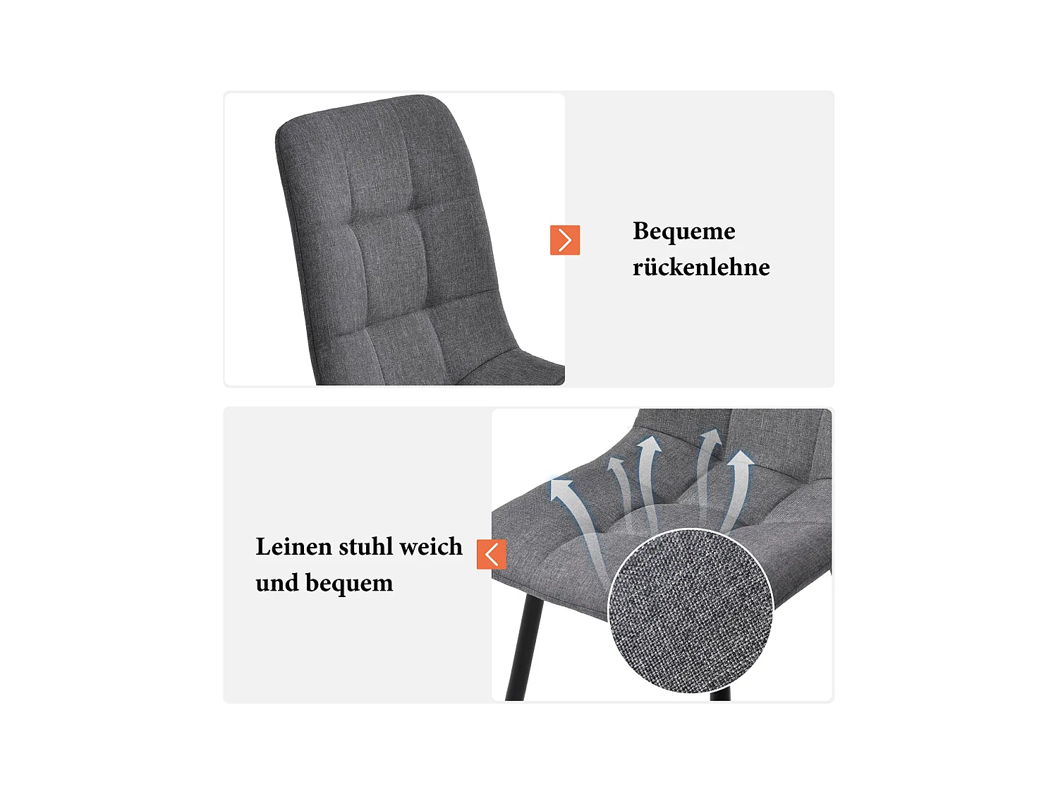 Set van 4 eetkamerstoelen – donkergrijs linnen, gestoffeerd, metalen frame, elegant design