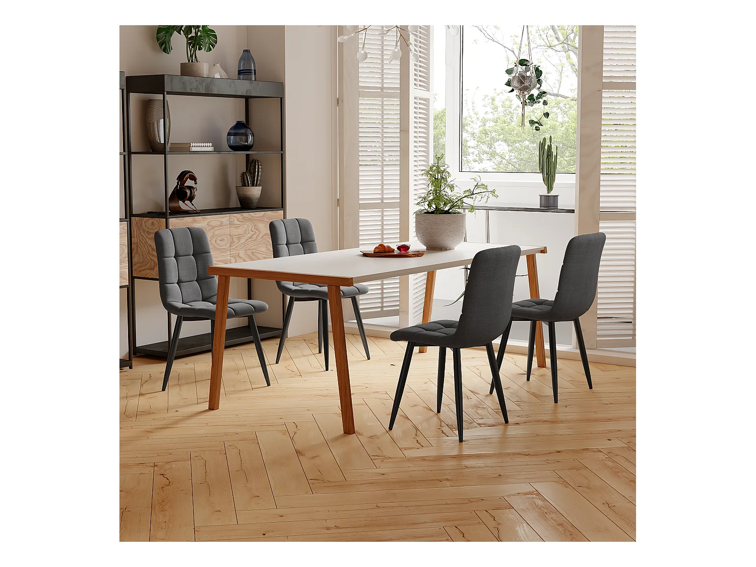Set van 4 eetkamerstoelen – donkergrijs linnen, gestoffeerd, metalen frame, elegant design
