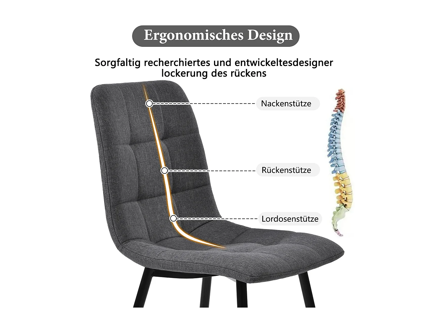 Set van 4 eetkamerstoelen – donkergrijs linnen, gestoffeerd, metalen frame, elegant design