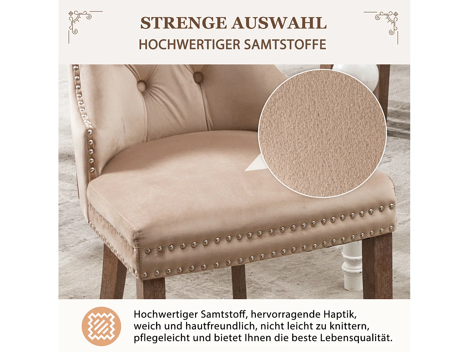 Set di 2 sedie da pranzo - Imbottite, gambe in legno massello, velluto beige, finiture borchiate