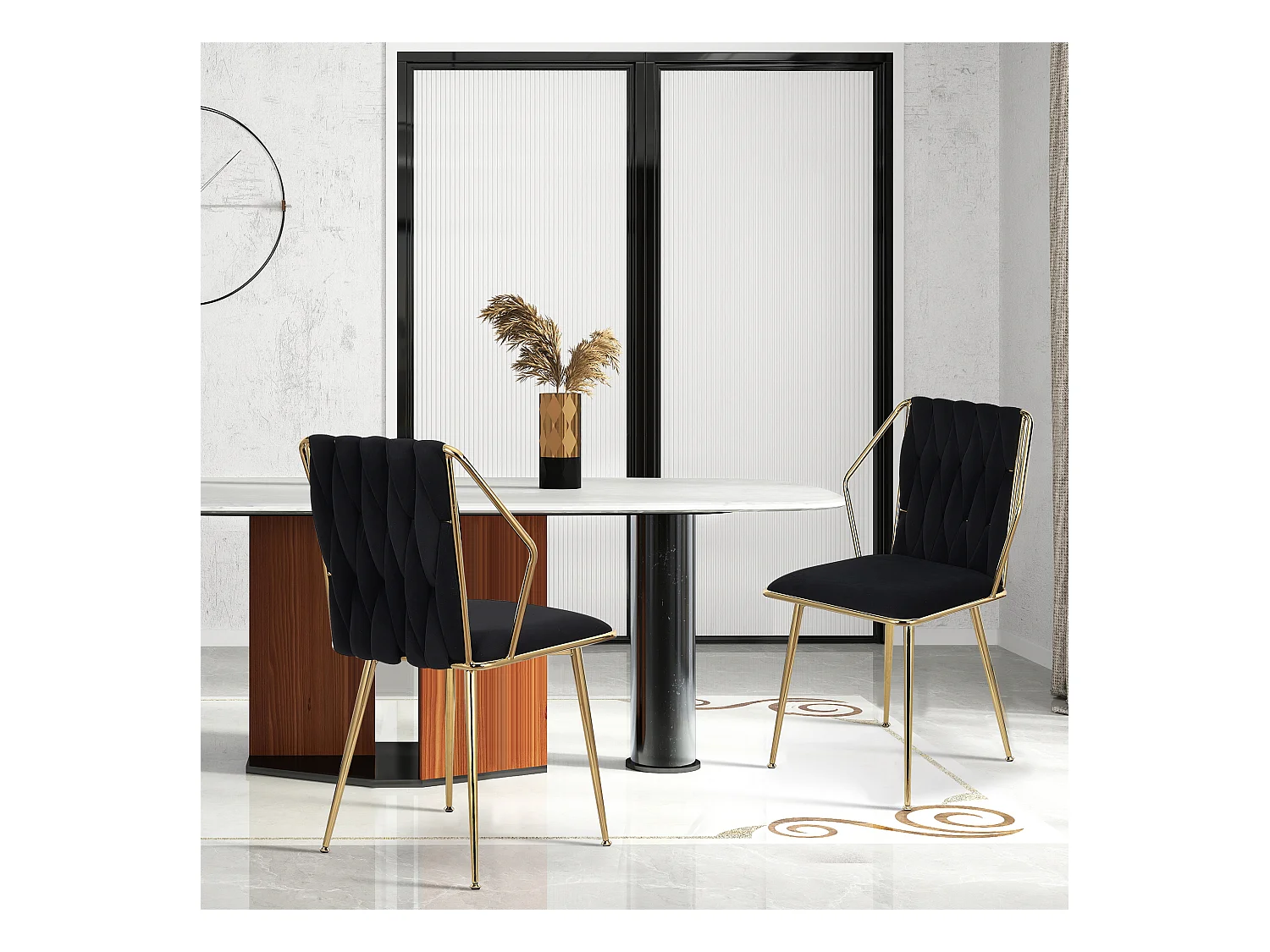 2er-Set Esszimmerstühle aus Samt – handgewebte Rückenlehne, goldene Metallbeine, elegant für das Esszimmer, Schwarz