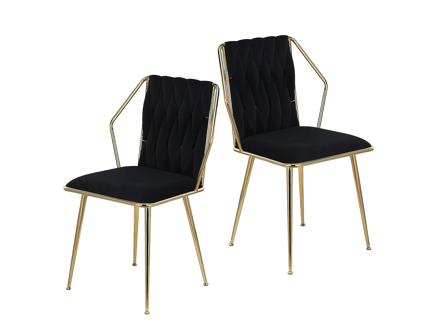 Set van 2 fluwelen eetkamerstoelen - handgeweven rugleuning, gouden metalen poten, elegant voor de eetkamer, zwart
