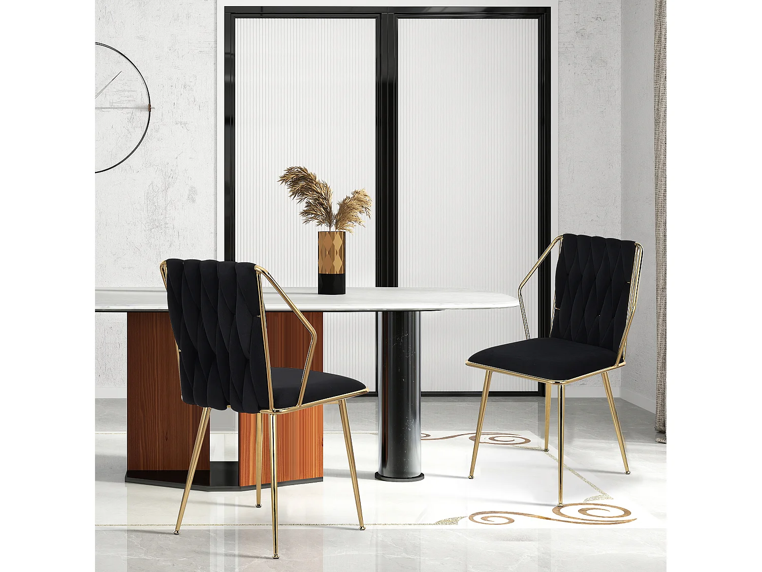 Set van 2 fluwelen eetkamerstoelen - handgeweven rugleuning, gouden metalen poten, elegant voor de eetkamer, zwart