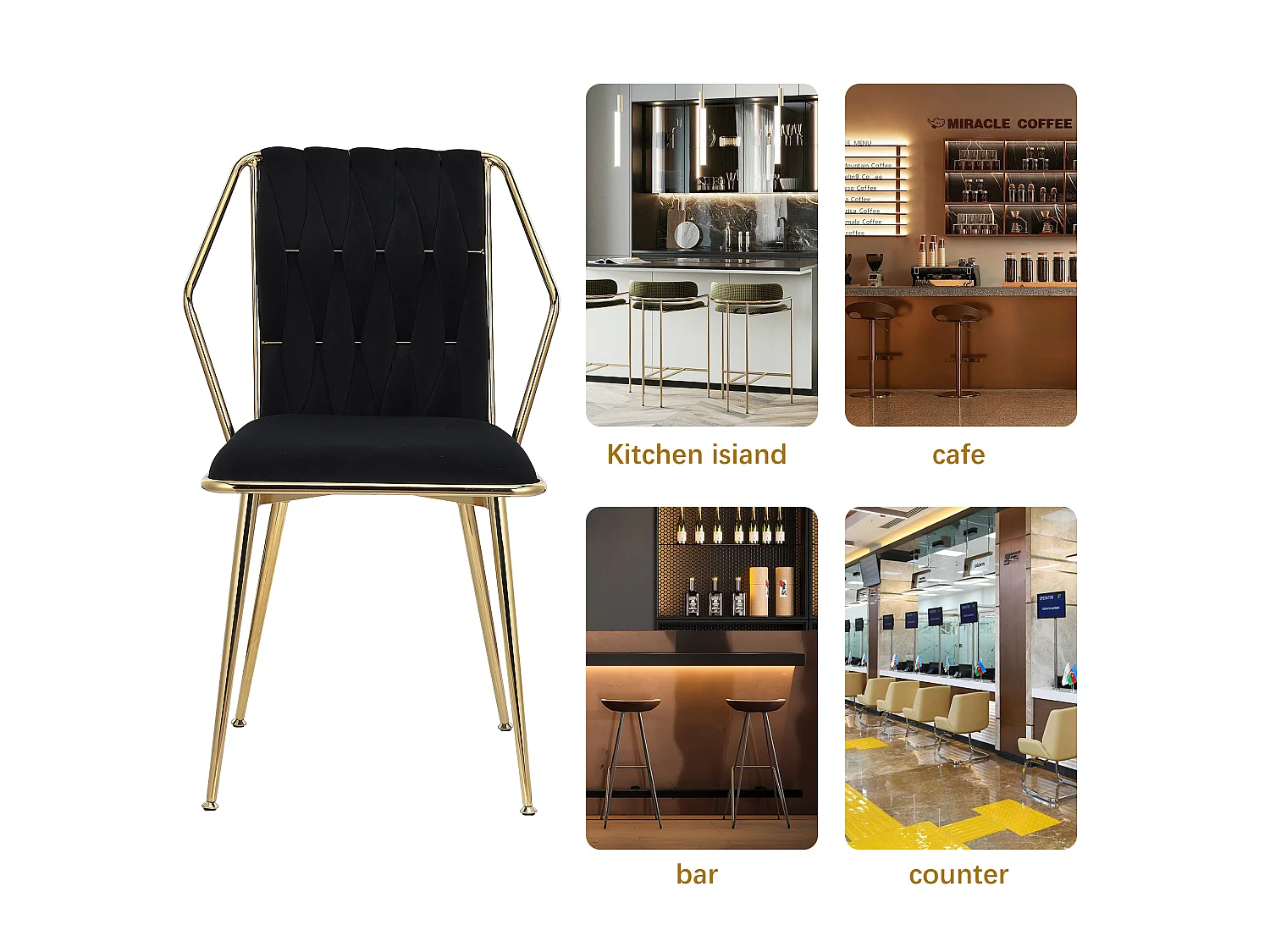 Set van 2 fluwelen eetkamerstoelen - handgeweven rugleuning, gouden metalen poten, elegant voor de eetkamer, zwart