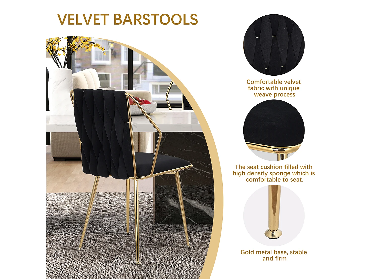 Set van 2 fluwelen eetkamerstoelen - handgeweven rugleuning, gouden metalen poten, elegant voor de eetkamer, zwart