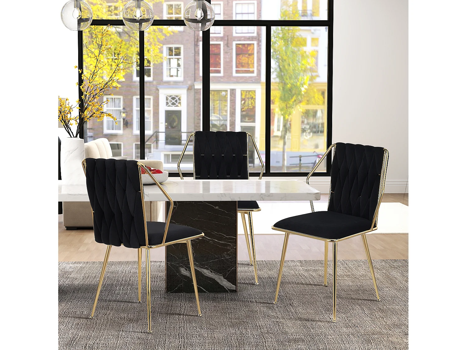 Set van 2 fluwelen eetkamerstoelen - handgeweven rugleuning, gouden metalen poten, elegant voor de eetkamer, zwart