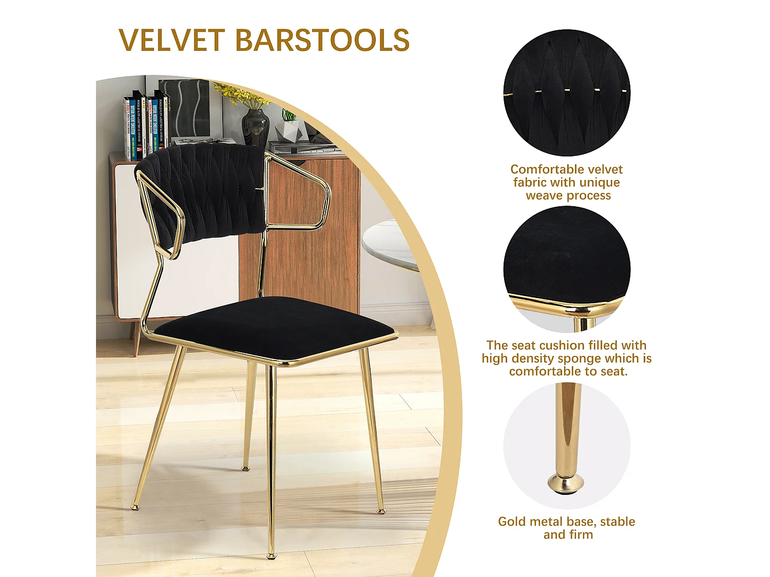 Lot de 2 chaises en velours et métal – Confortables et modernes, pour cuisine ou restaurant, Noir