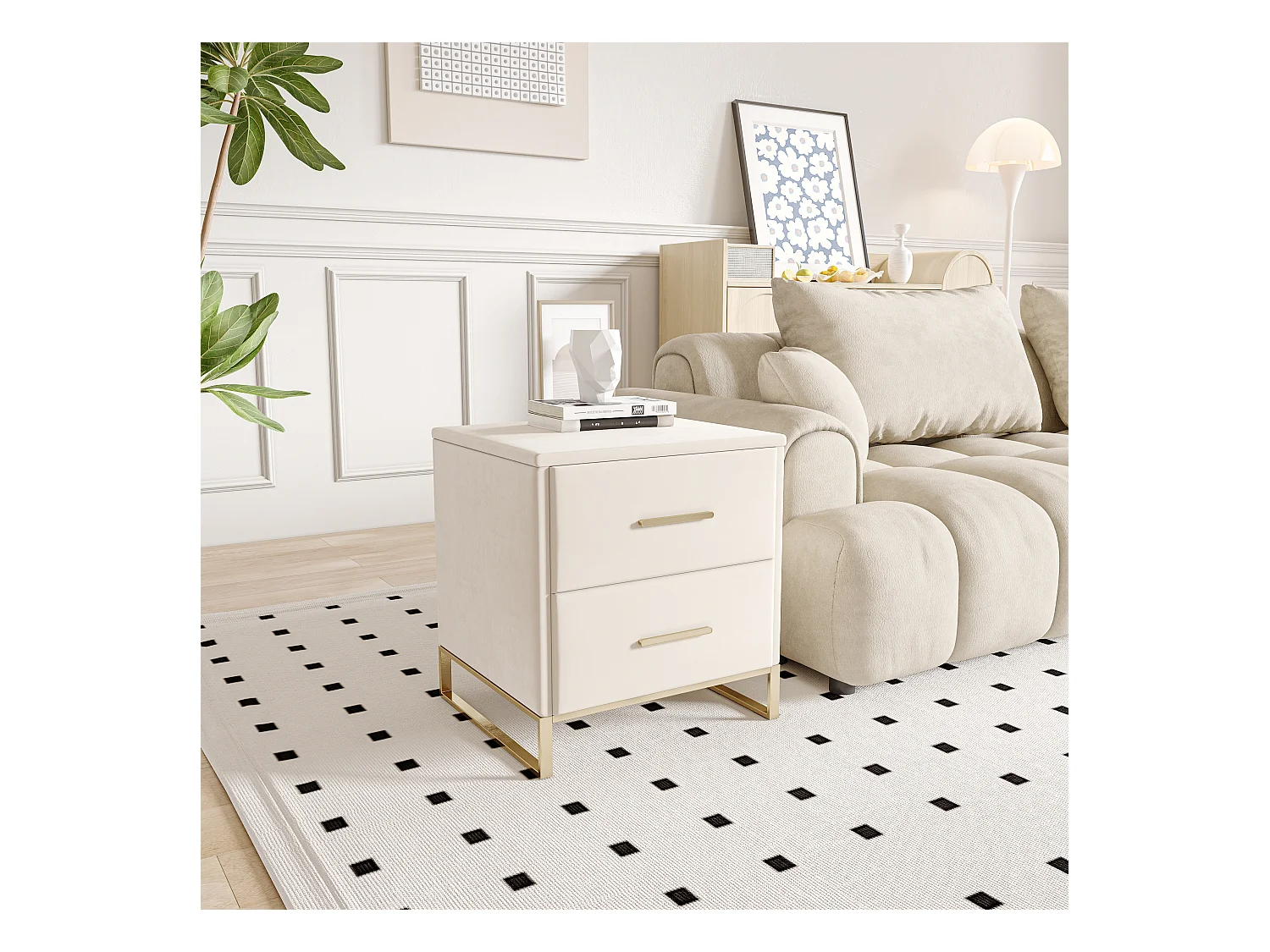 Table de chevet 2 tiroirs en velours beige avec base en métal doré – 40 x 40 x 50 cm