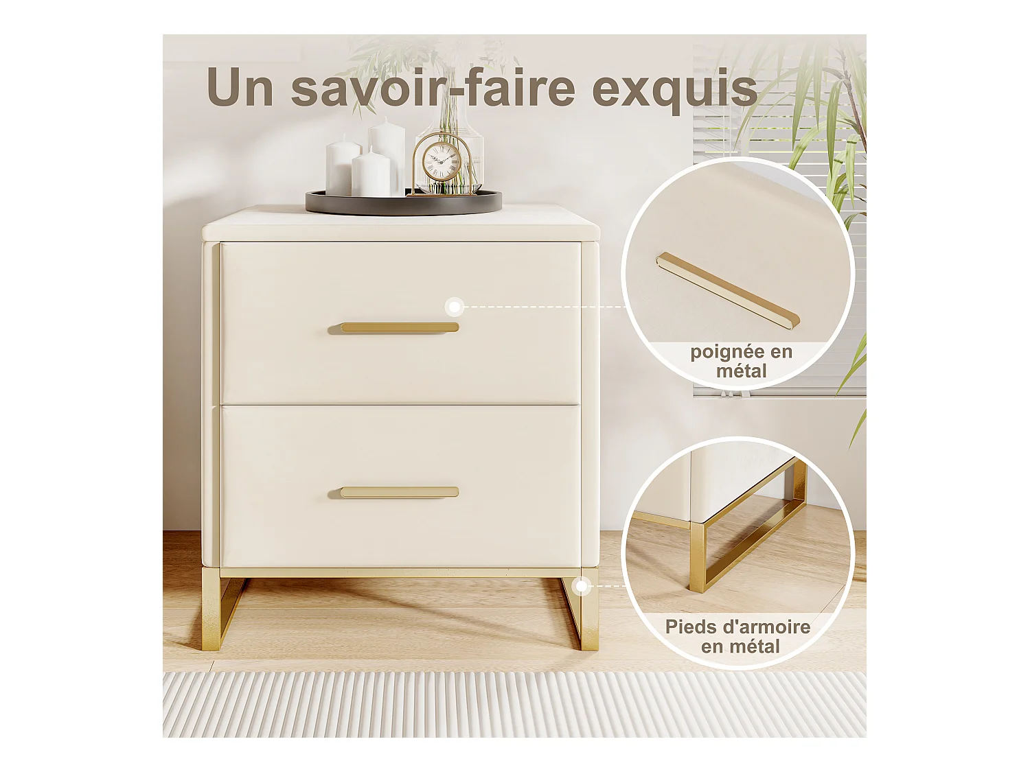 Table de chevet 2 tiroirs en velours beige avec base en métal doré – 40 x 40 x 50 cm