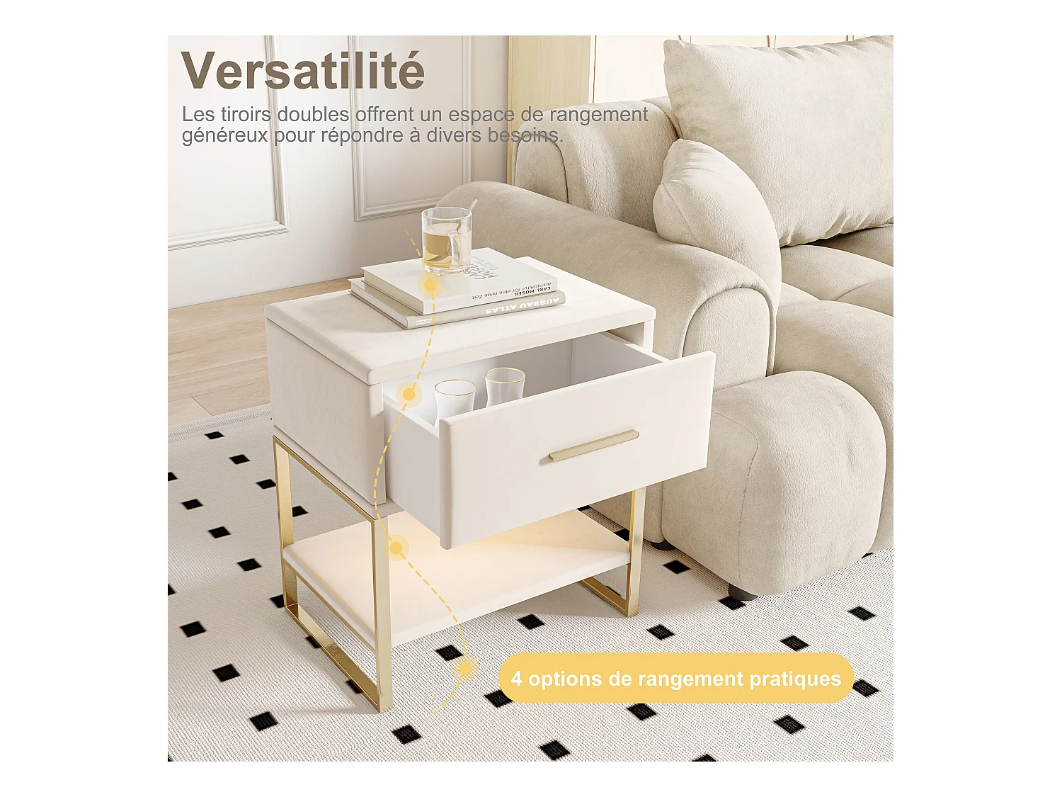 Table de chevet 2 tiroirs en velours beige avec base en métal doré – 40 x 40 x 50 cm