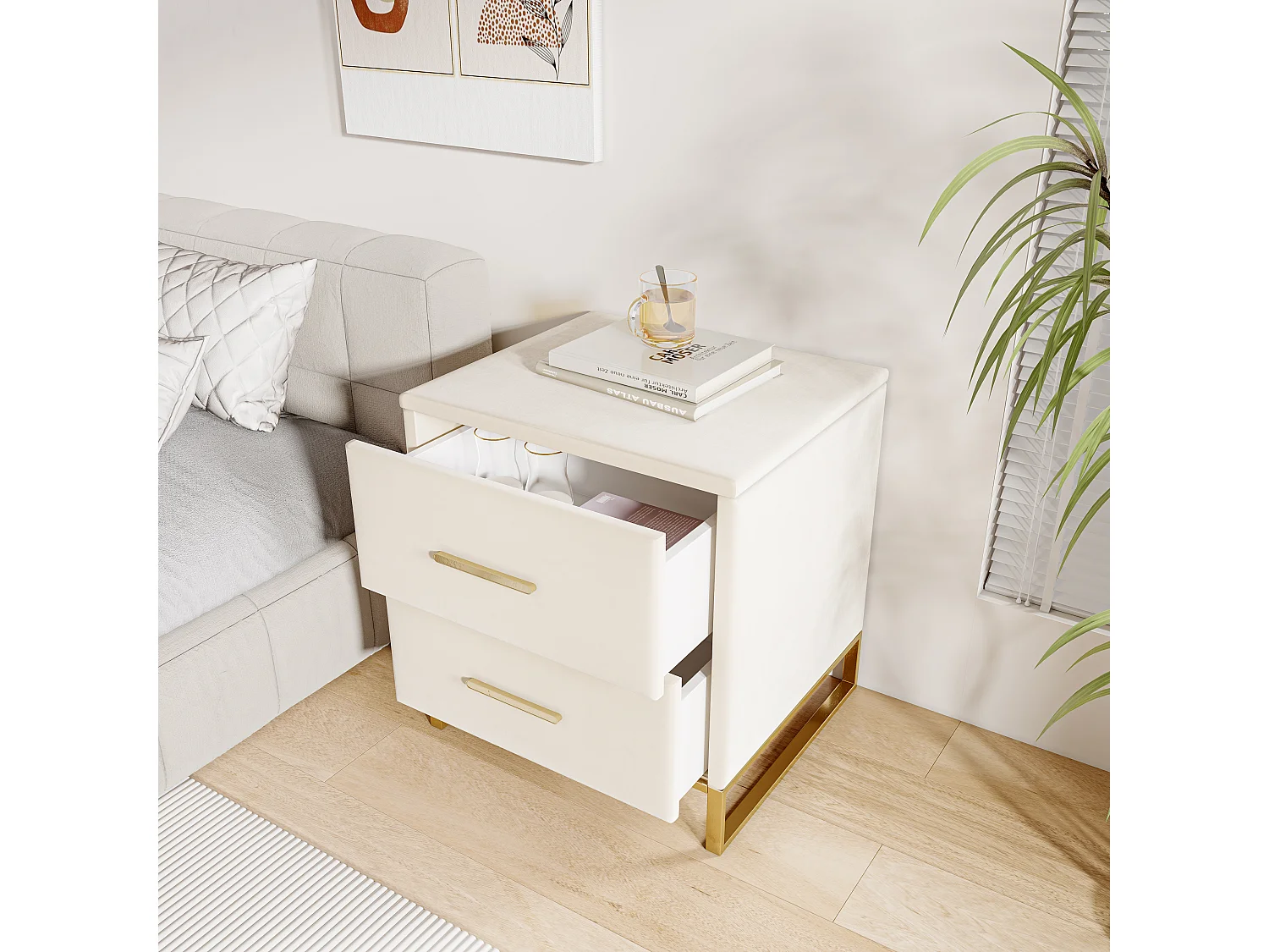 Table de chevet 2 tiroirs en velours beige avec base en métal doré – 40 x 40 x 50 cm