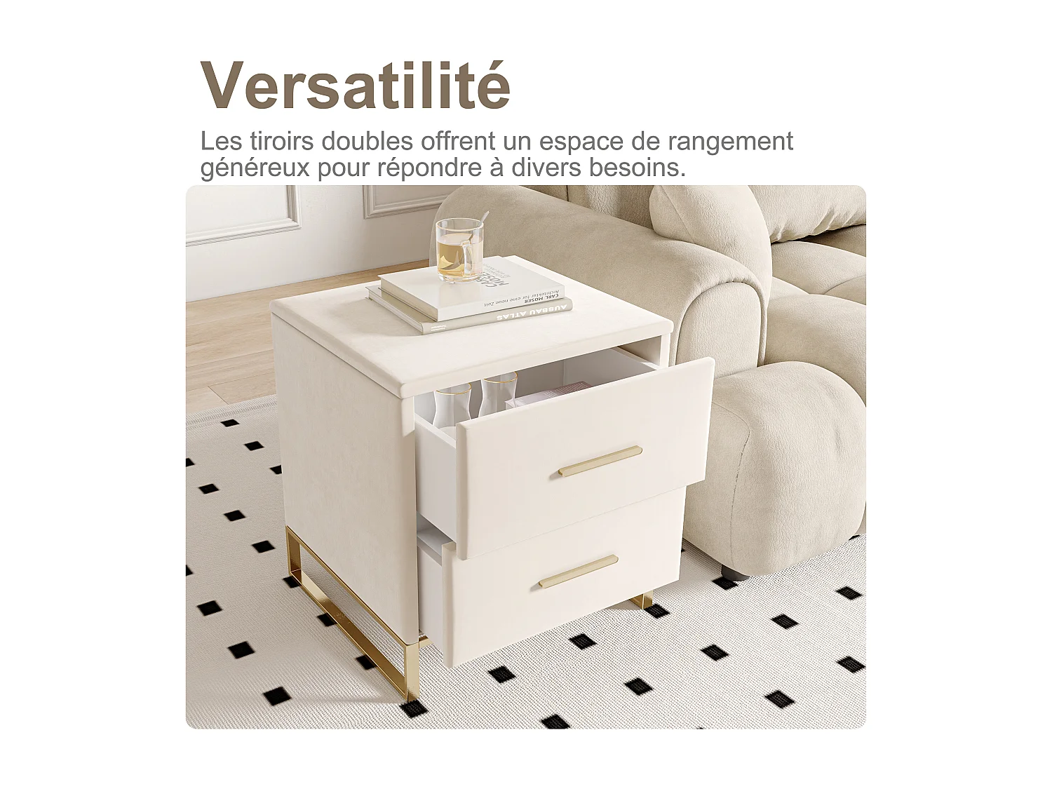 Table de chevet 2 tiroirs en velours beige avec base en métal doré – 40 x 40 x 50 cm
