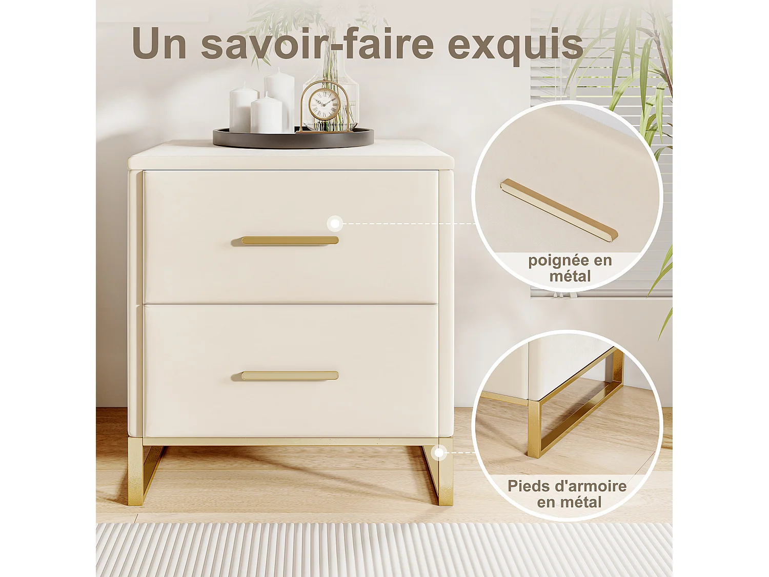 Table de chevet 2 tiroirs en velours beige avec base en métal doré – 40 x 40 x 50 cm