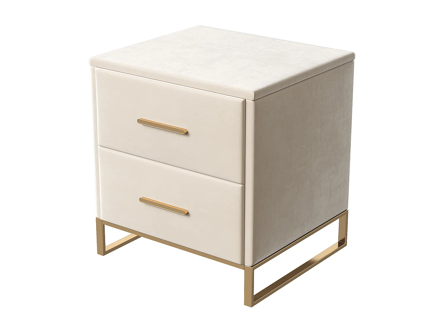 Table de chevet 2 tiroirs en velours beige avec base en métal doré – 40 x 40 x 50 cm