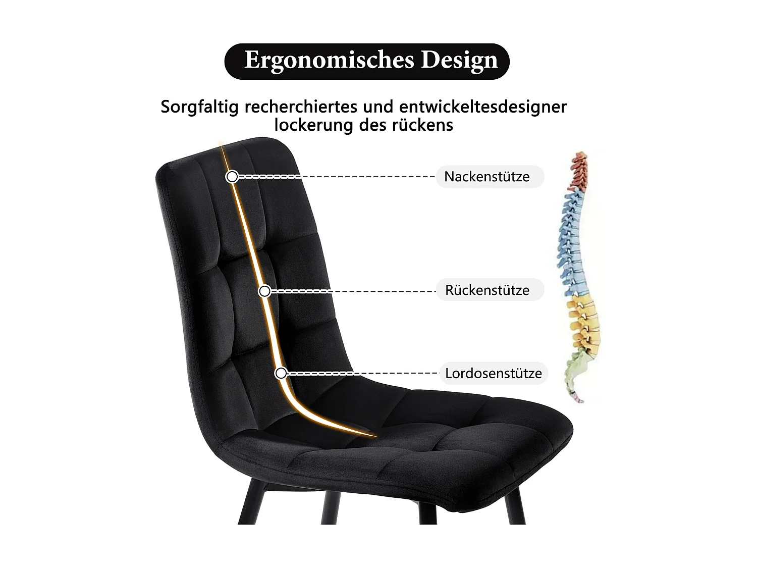 Lot de 4 Chaises Salle à Manger – Velours Noir, Rembourrées, Structure Métal, Design Contemporain