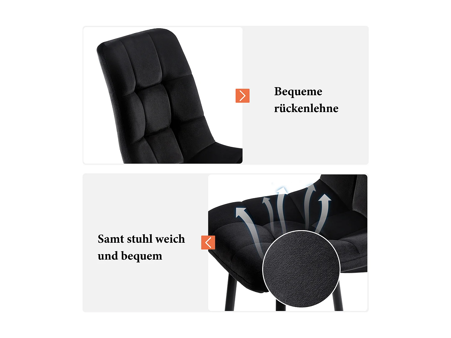 Lot de 4 Chaises Salle à Manger – Velours Noir, Rembourrées, Structure Métal, Design Contemporain