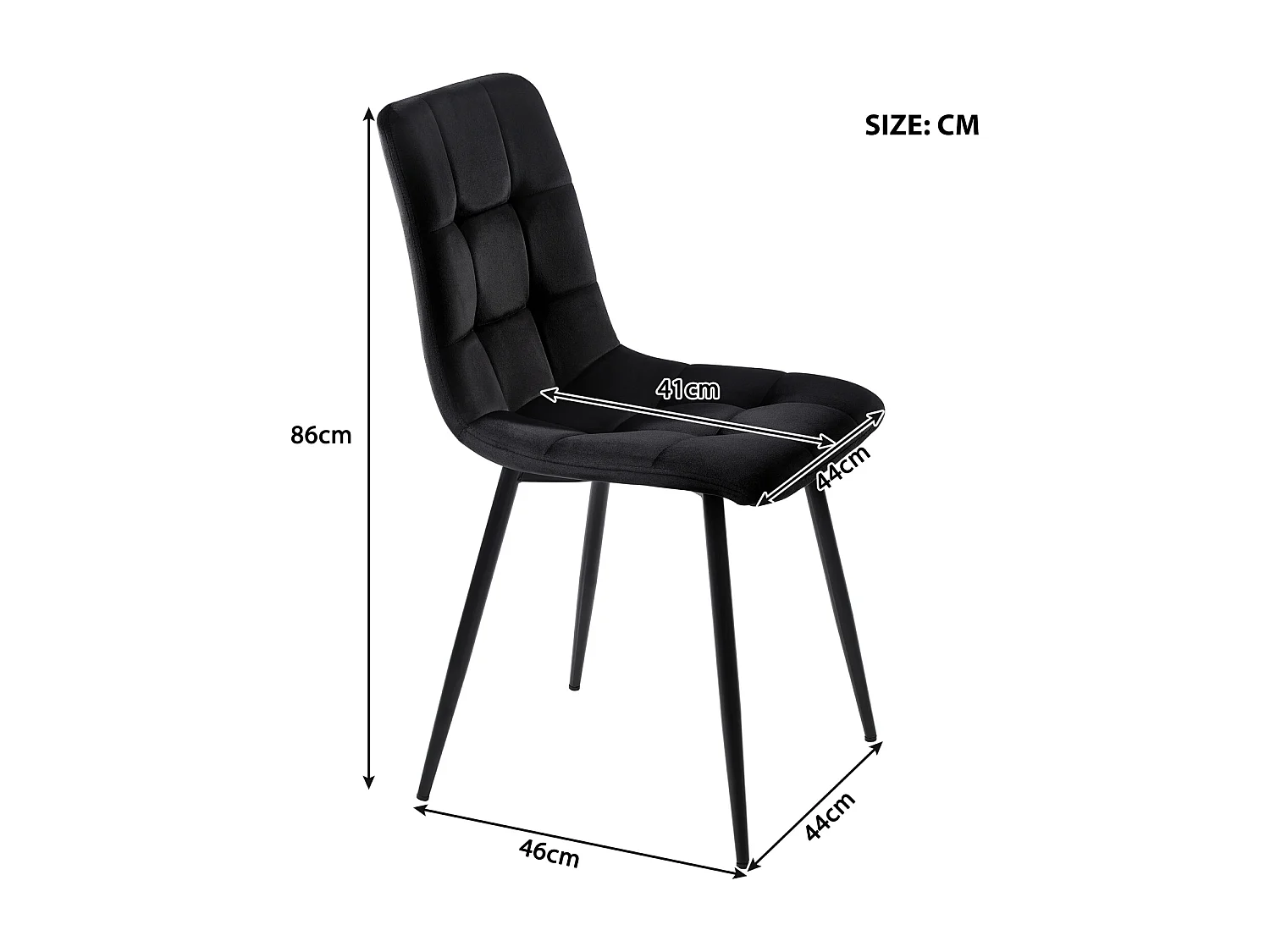 Lot de 4 Chaises Salle à Manger – Velours Noir, Rembourrées, Structure Métal, Design Contemporain