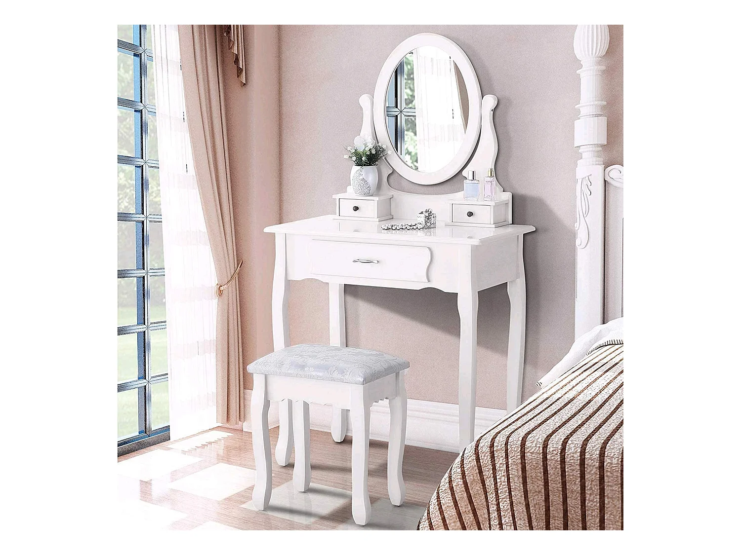 Tocador con taburete, espejo giratorio y 3 cajones - Ideal para niños y adultos - Color blanco