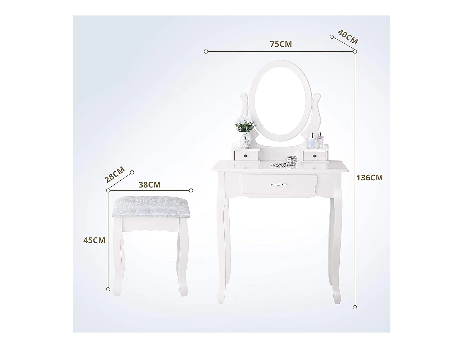 Tocador con taburete, espejo giratorio y 3 cajones - Ideal para niños y adultos - Color blanco
