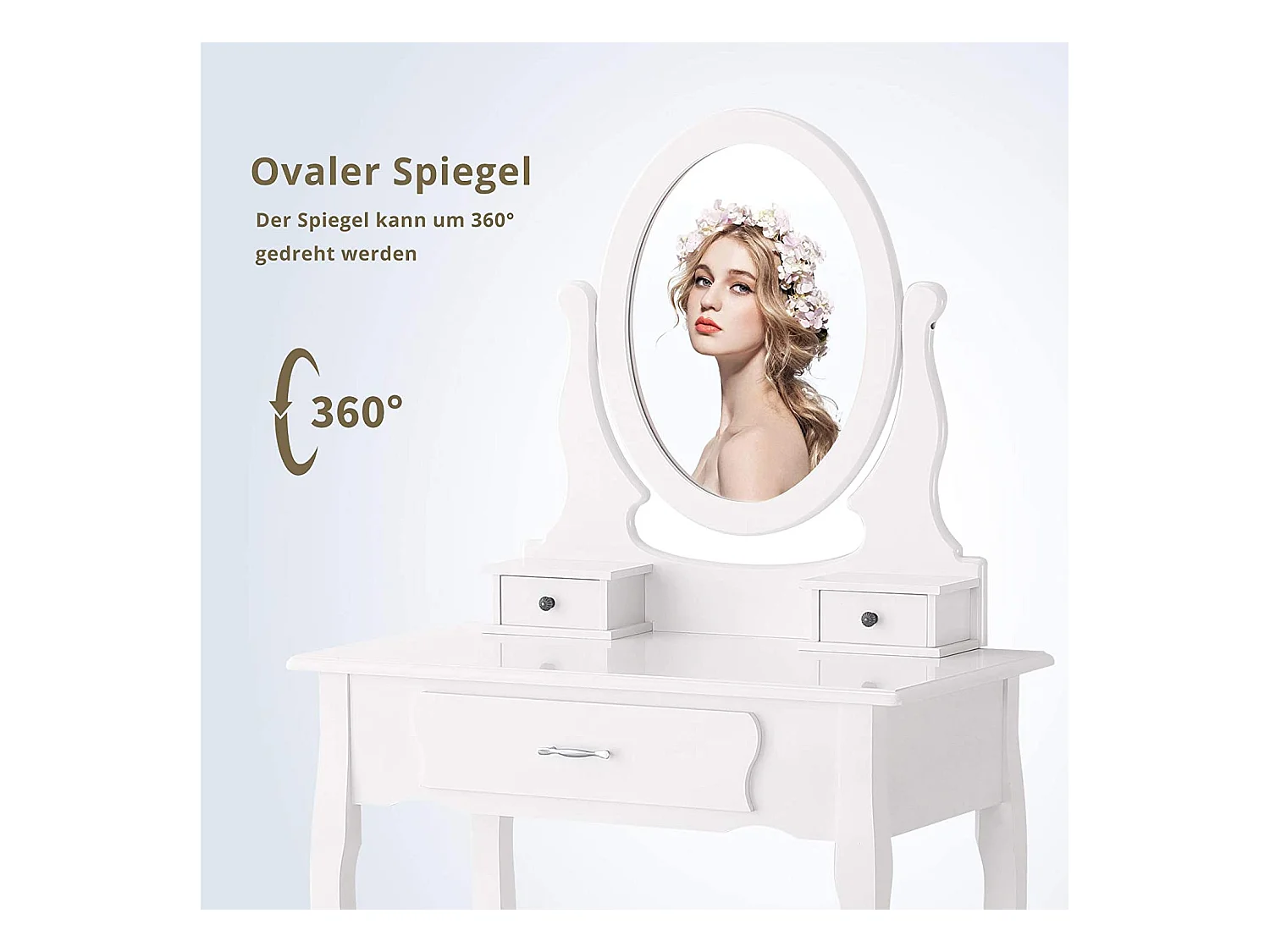 Tocador con taburete, espejo giratorio y 3 cajones - Ideal para niños y adultos - Color blanco