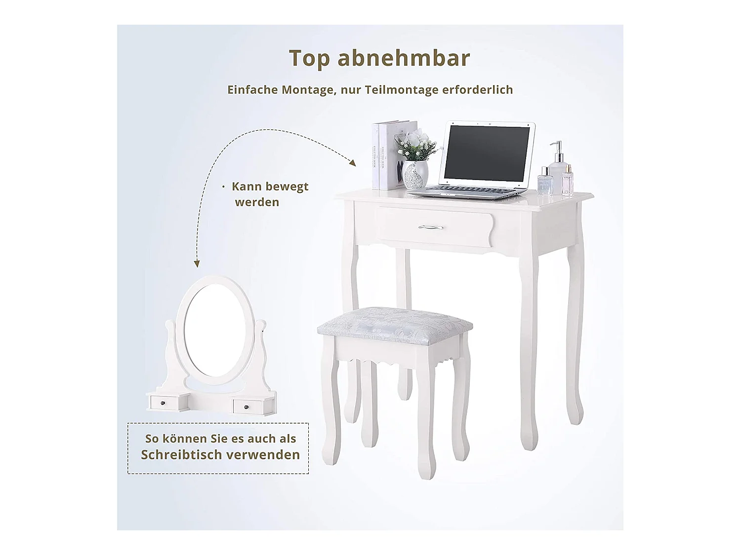 Tocador con taburete, espejo giratorio y 3 cajones - Ideal para niños y adultos - Color blanco