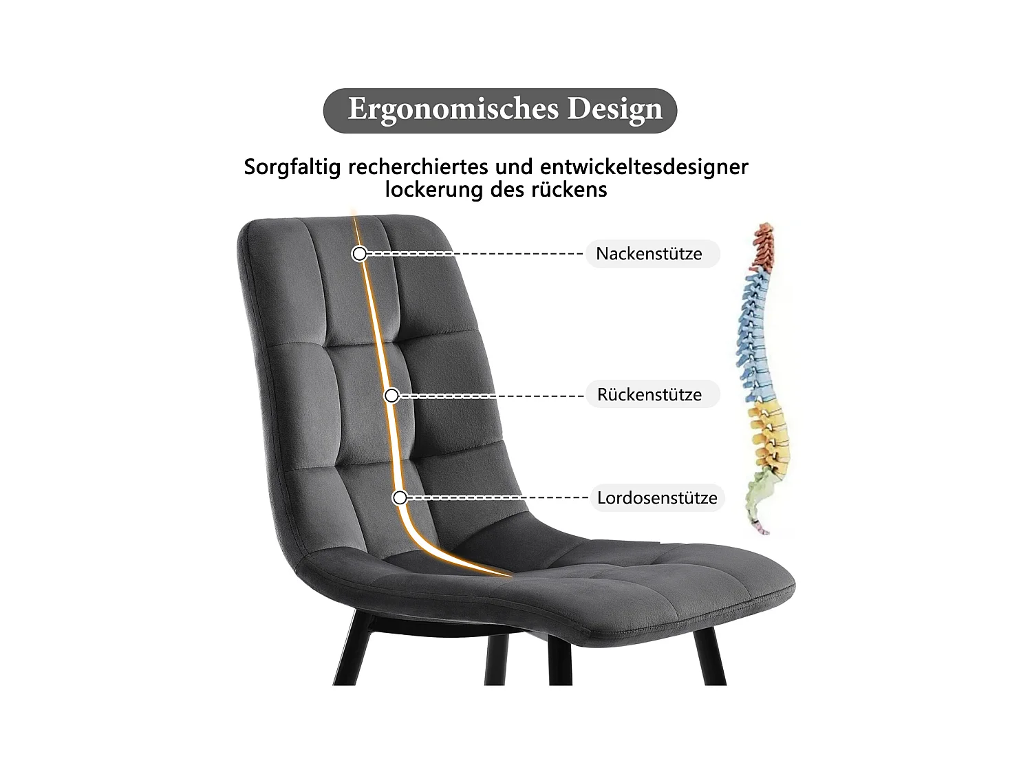 4er-Set Samtstühle – ergonomisches Design, Metallrahmen, Metallbeine, Grau