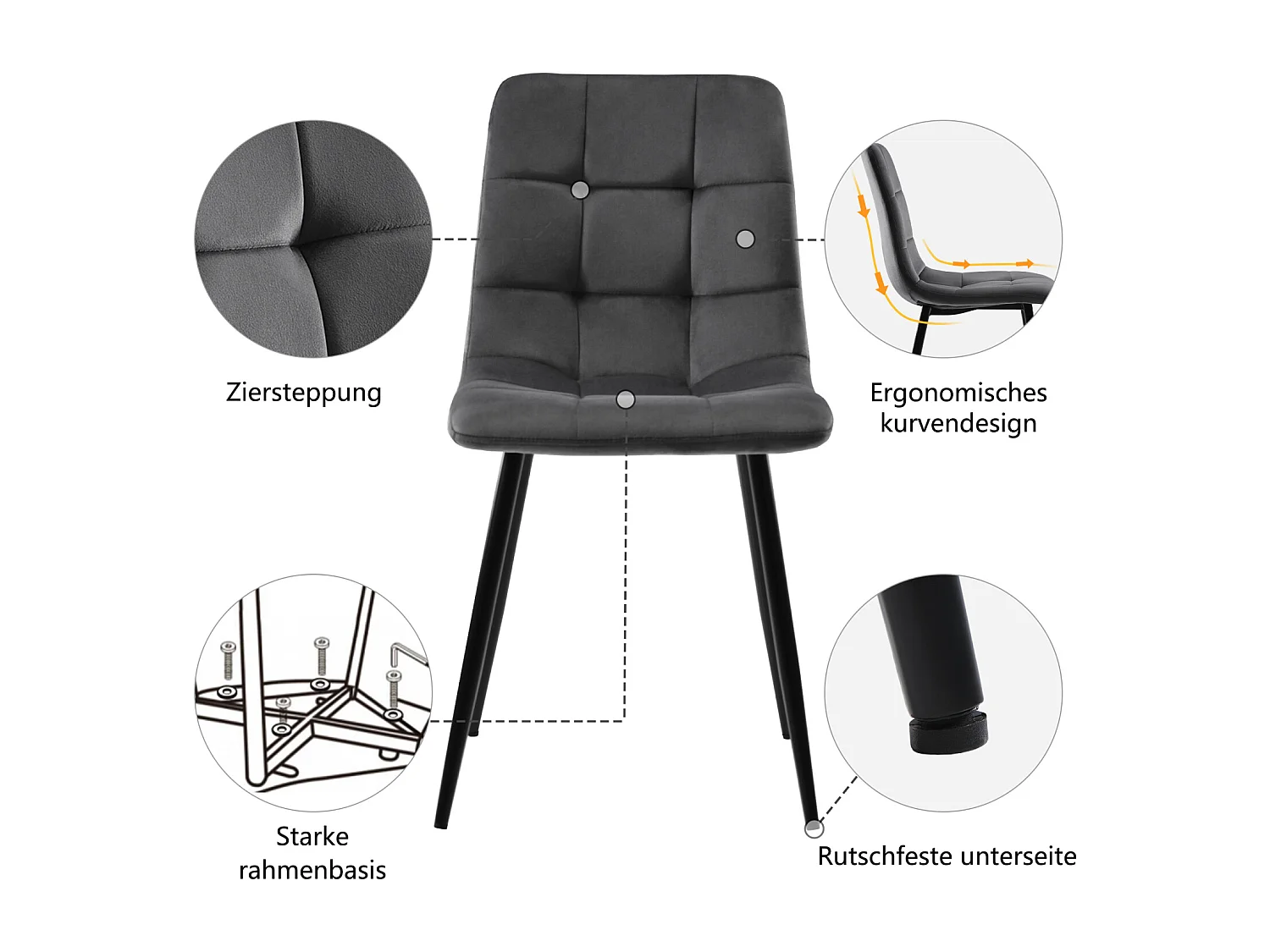 Lot de 4 chaises en velours – Design ergonomique, Structure en métal, Pieds en métal, Gris