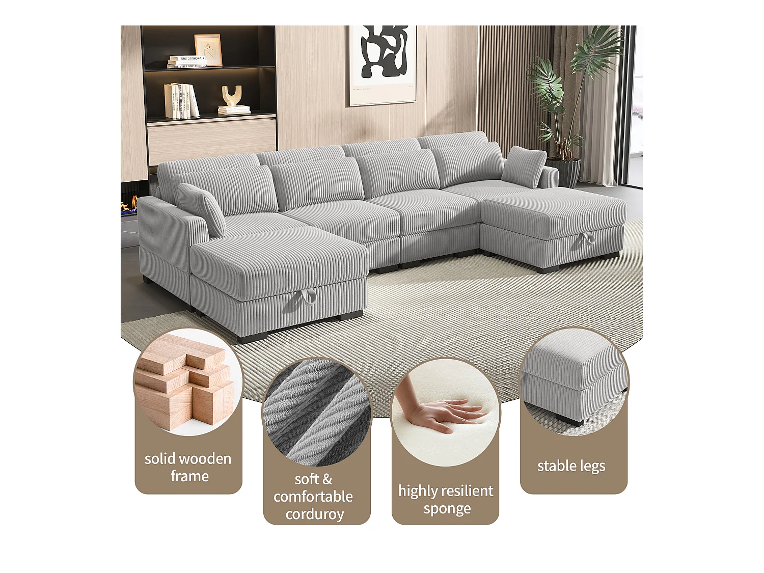 Grijze Corduroy Modulaire Bank - Combinatie met Linker- en Rechterarmleuningen, Zelfmontage Woonkamerbank