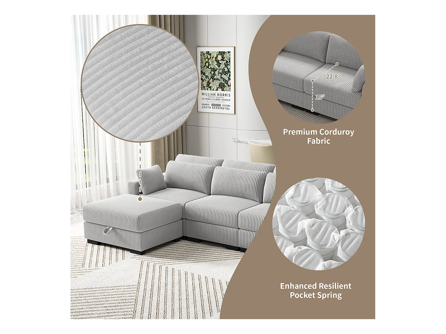 Grijze Corduroy Modulaire Bank - Combinatie met Linker- en Rechterarmleuningen, Zelfmontage Woonkamerbank