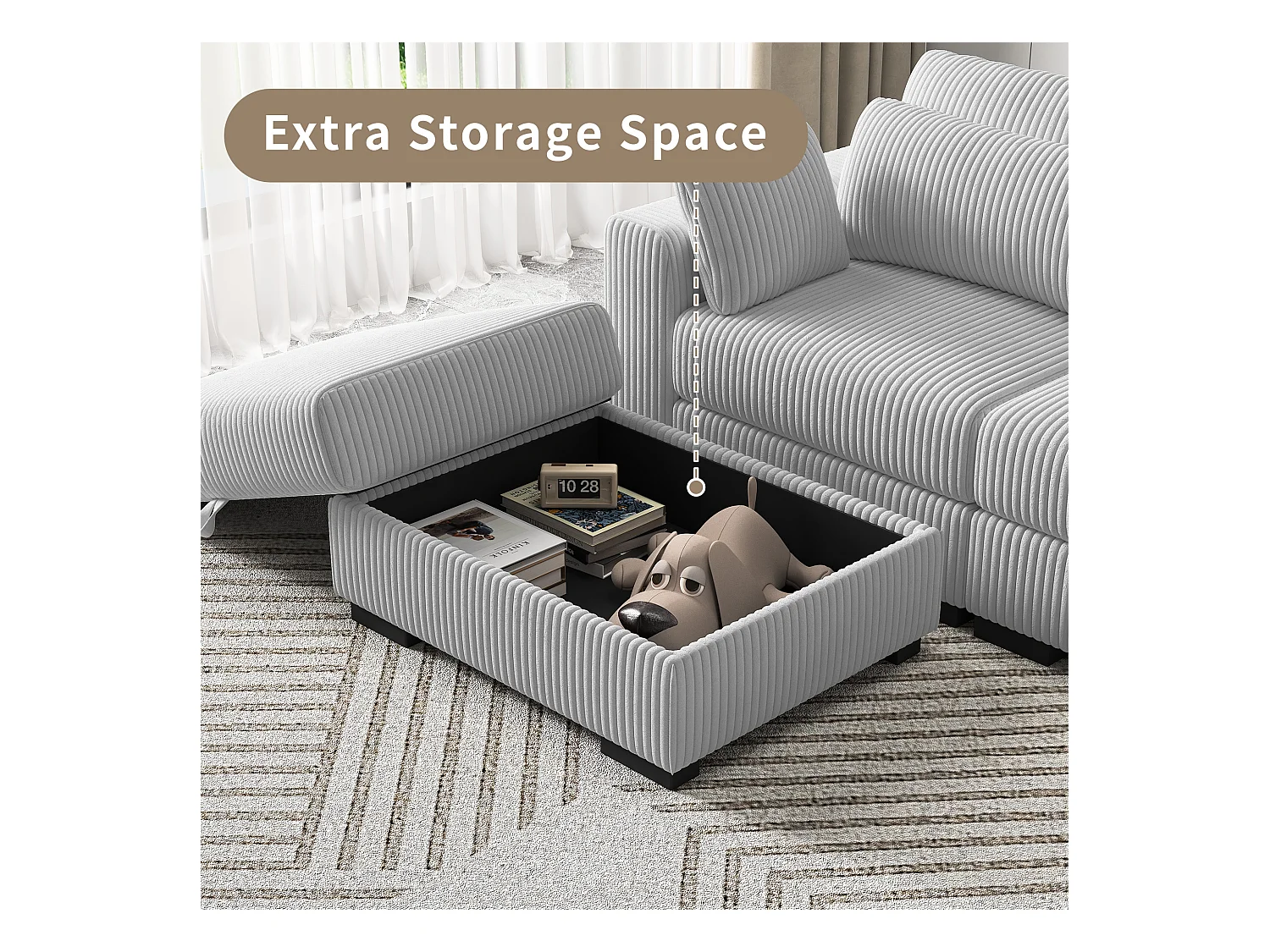Grijze Corduroy Modulaire Bank - Combinatie met Linker- en Rechterarmleuningen, Zelfmontage Woonkamerbank