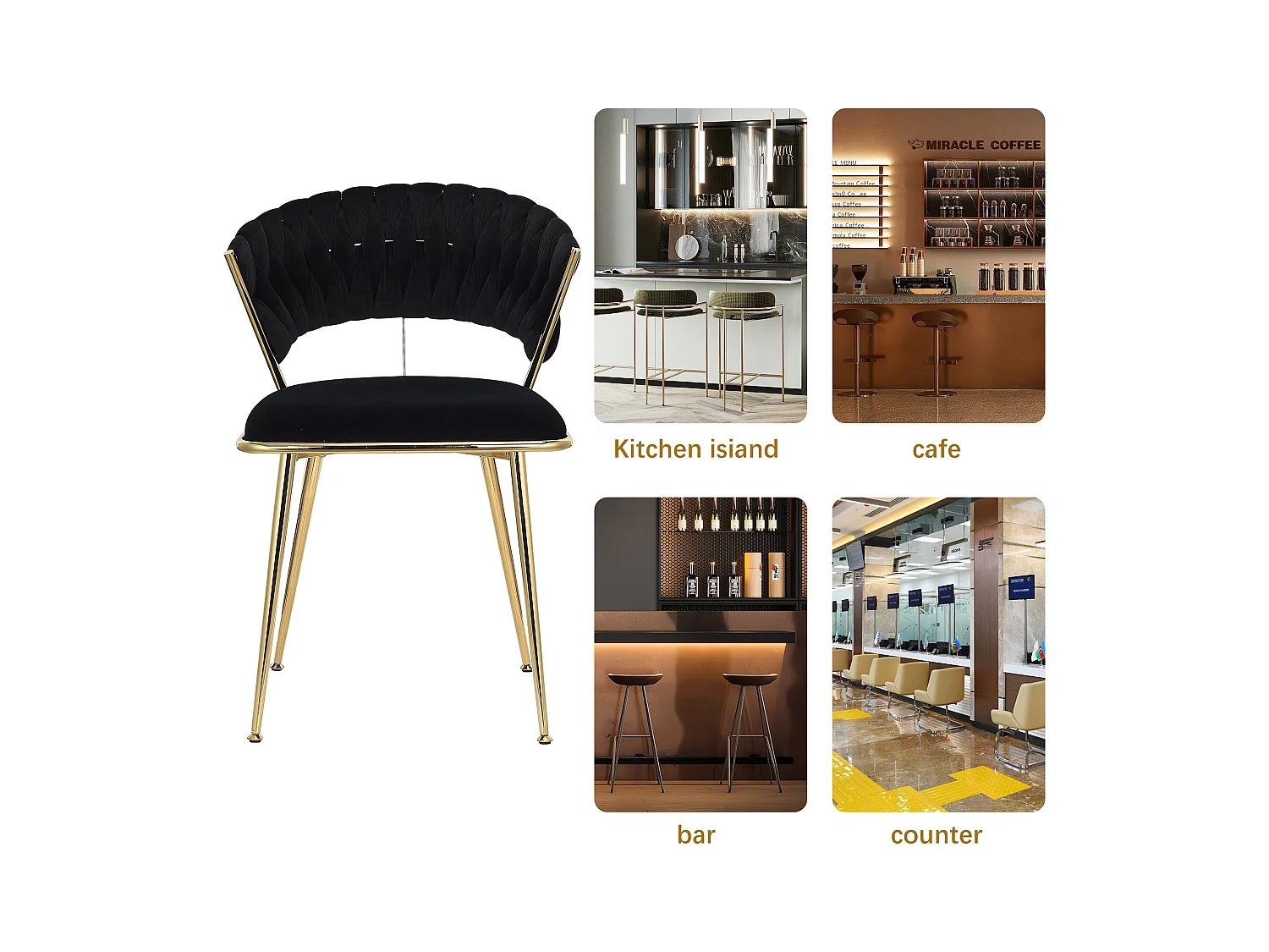 2er-Set Stühle mit Samtpolsterung – handgewebte Rückenlehne, goldene Metallbeine, modern für Esszimmer und Wohnzimmer, Schwarz