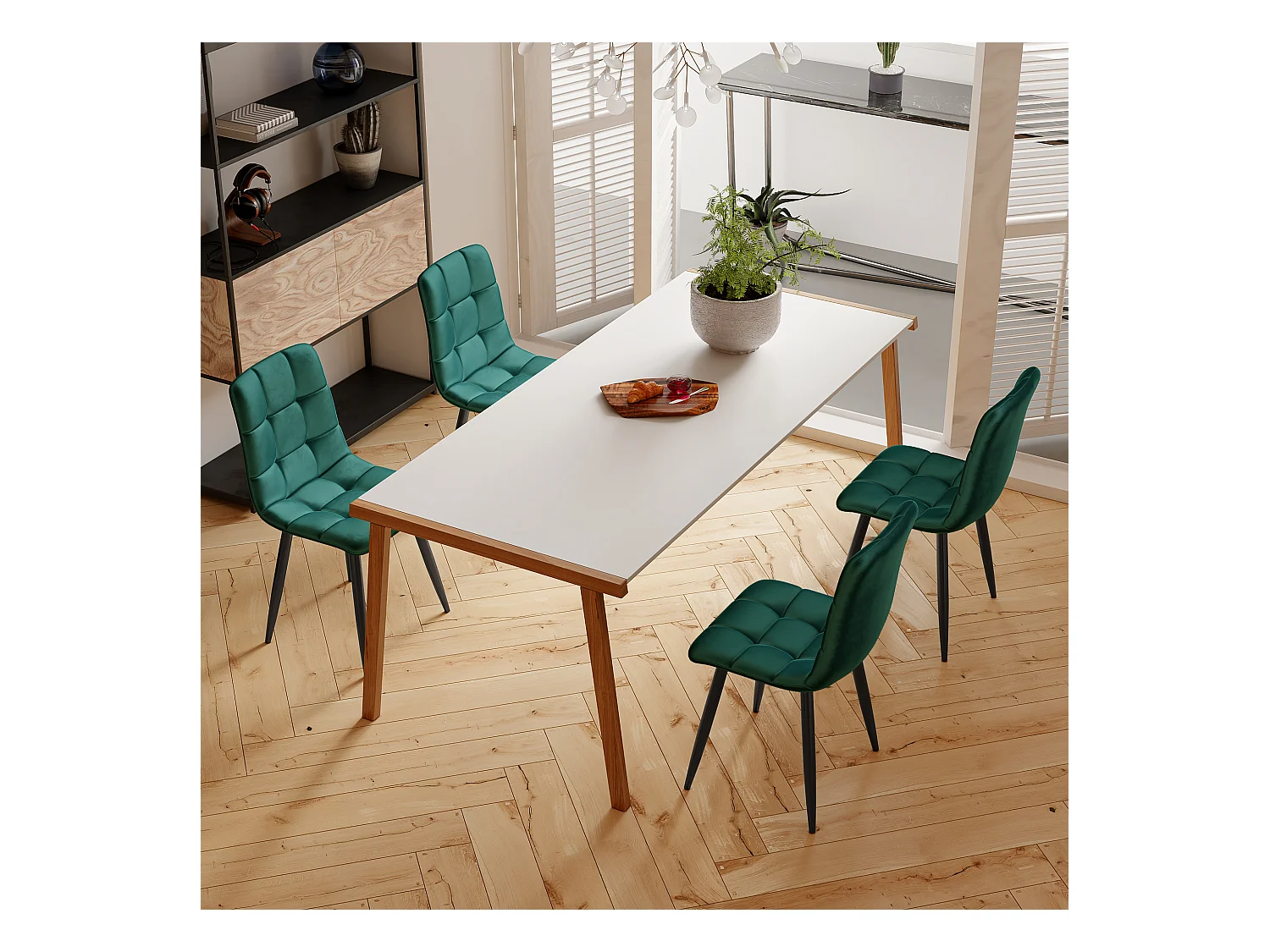 Set di 4 sedie da pranzo in velluto verde scuro, imbottite, struttura in metallo, design moderno