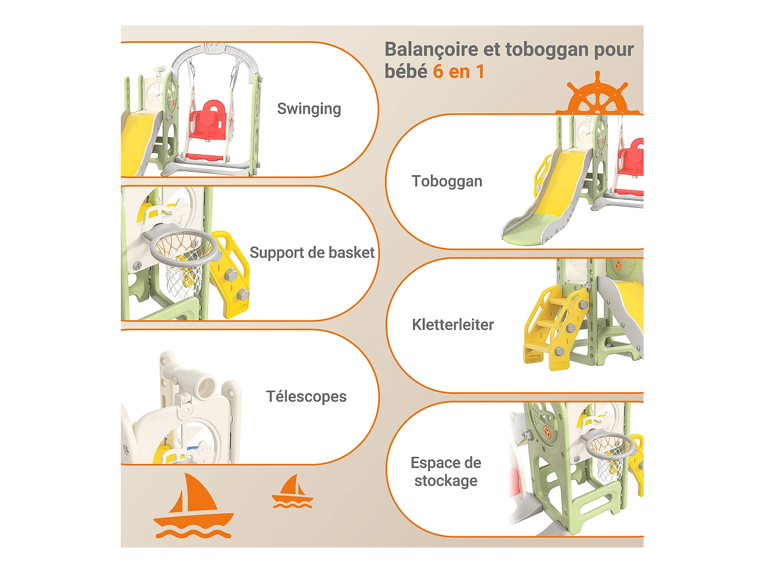 Tobogán + columpio + estructura de bolas + telescopio verde – Barco pirata