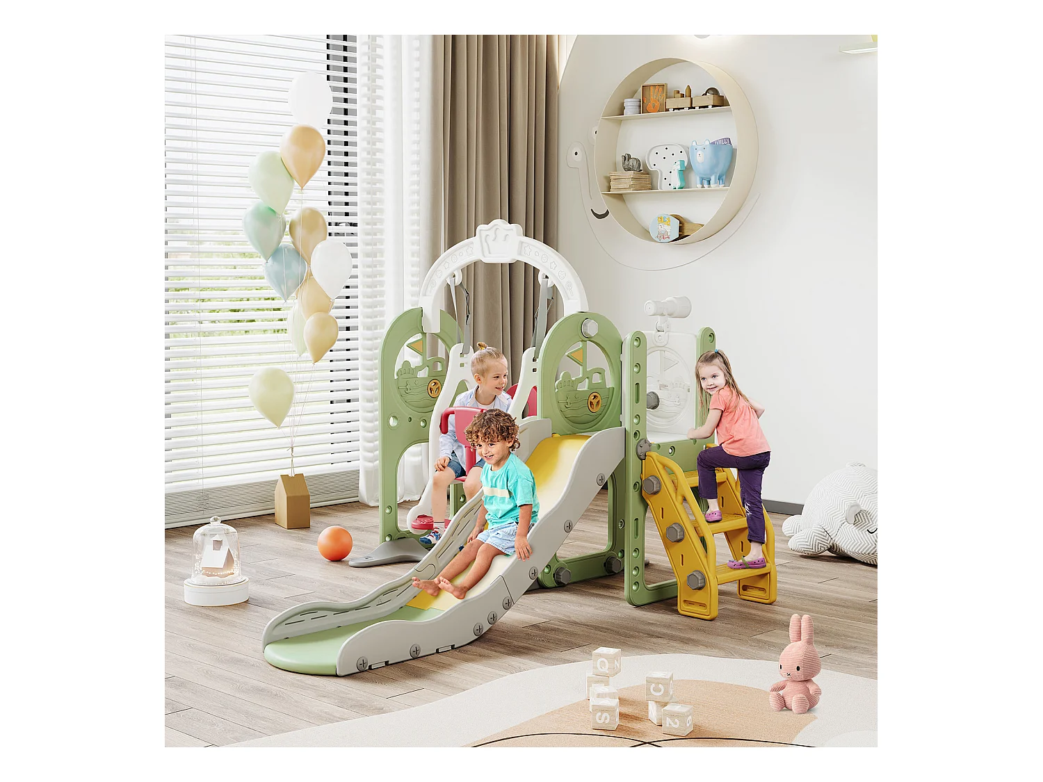 Tobogán + columpio + estructura de bolas + telescopio verde – Barco pirata