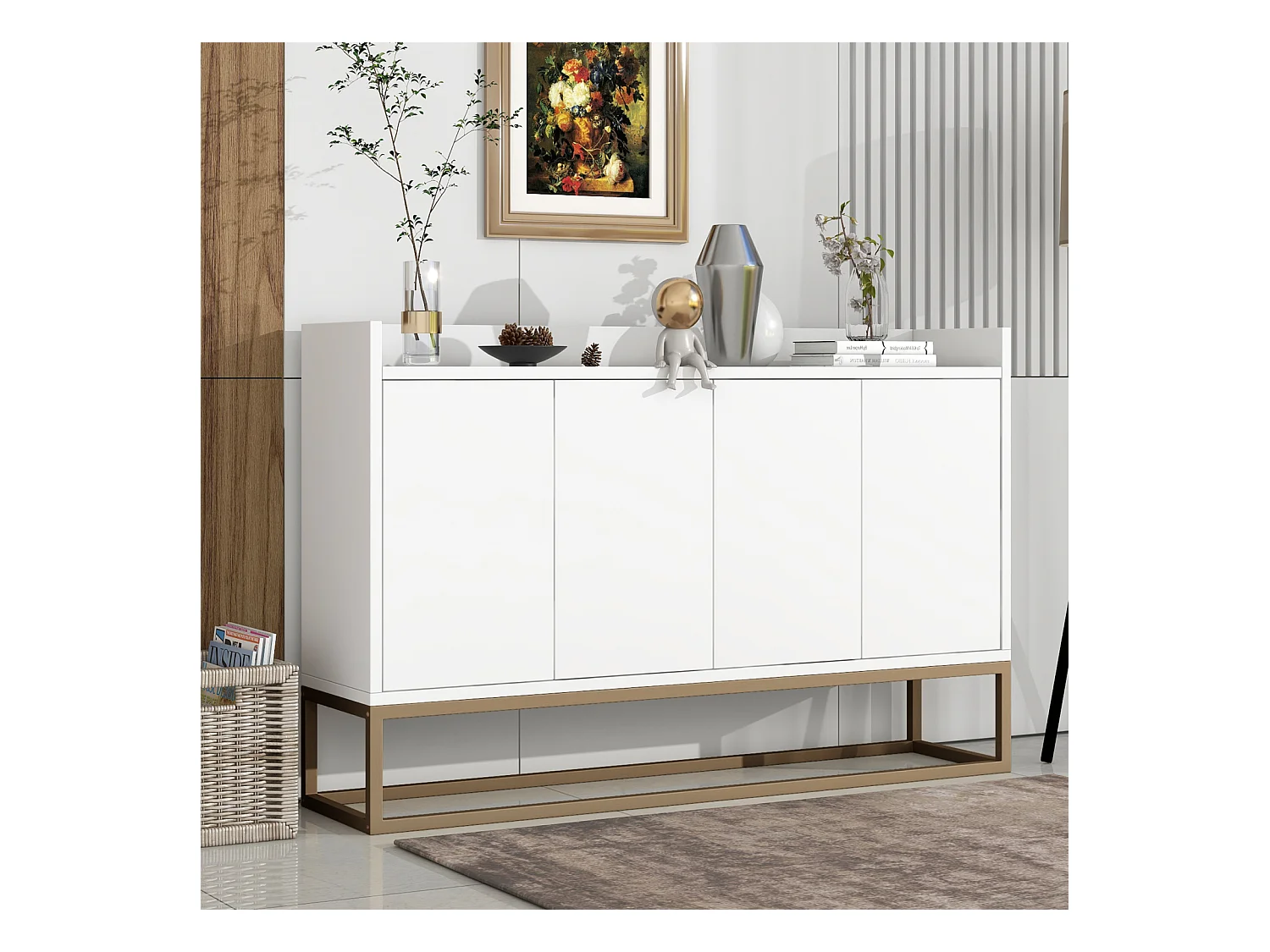 Modern dressoir 120x30x80 cm – Minimalistische stijl, 4 deuren, ideaal voor eetkamer, woonkamer, keuken – Wit