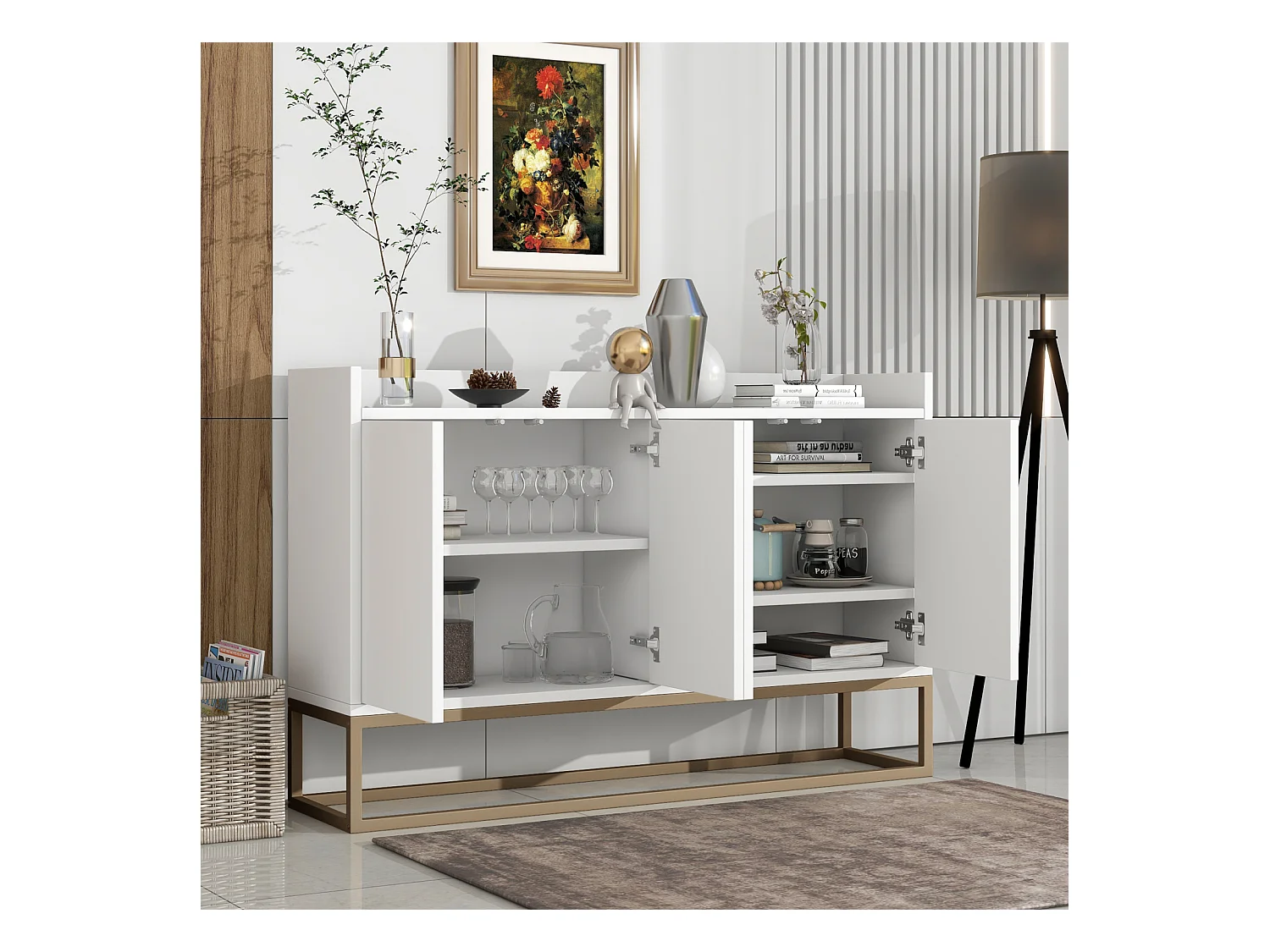 Modern dressoir 120x30x80 cm – Minimalistische stijl, 4 deuren, ideaal voor eetkamer, woonkamer, keuken – Wit
