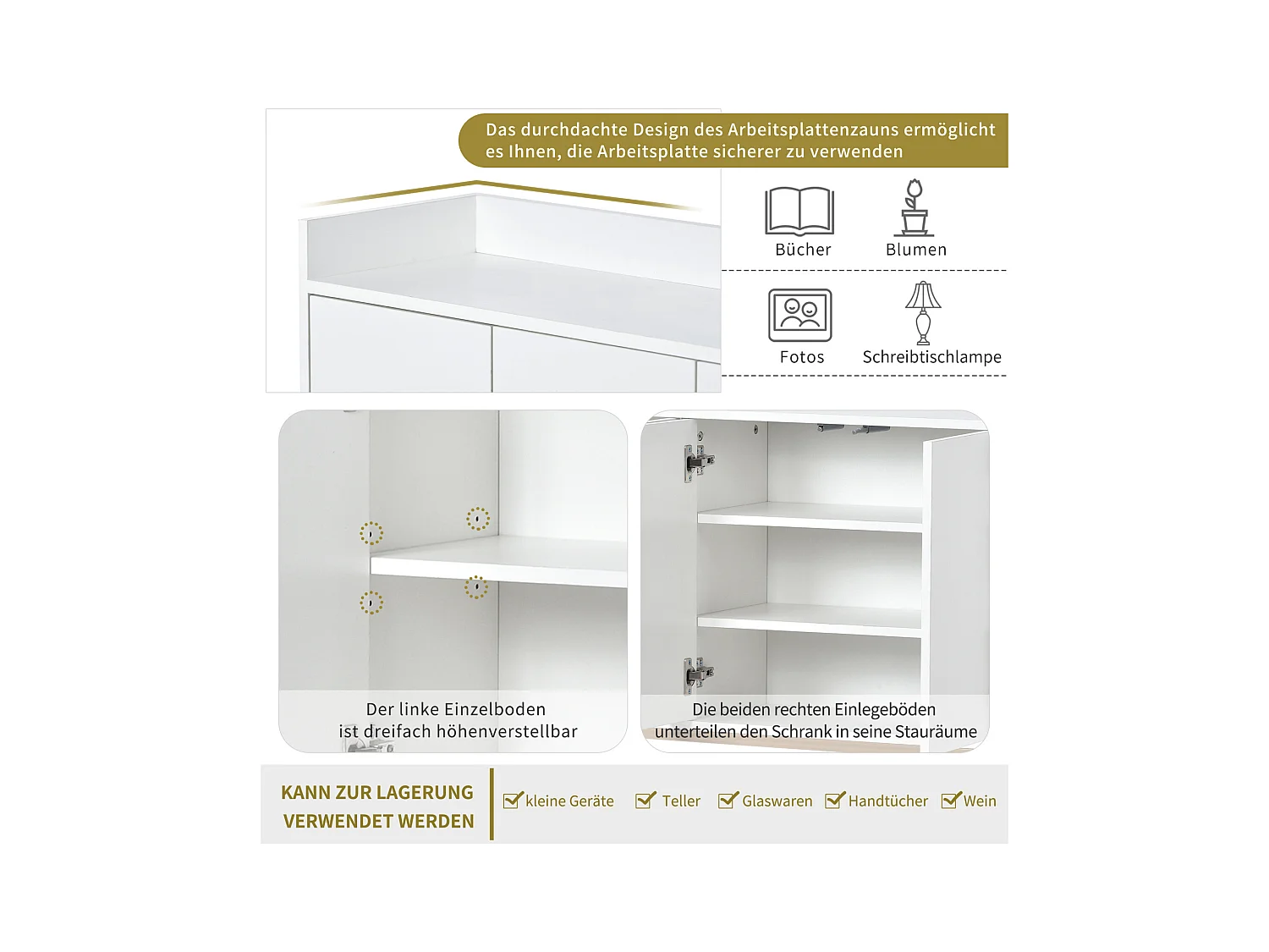 Modernes Sideboard 120x30x80 cm – Minimalistischer Stil, 4 Türen, ideal für Esszimmer, Wohnzimmer, Küche – Weiß