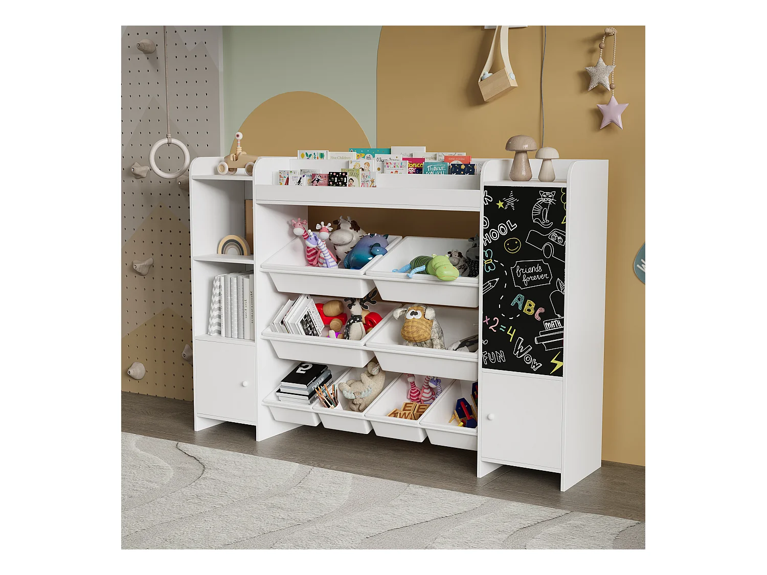 Multifunktionales Bücherregal für Kinder – Aufbewahrungstruhe, Regale, Zeichenbrett, 137 x 94,5 cm