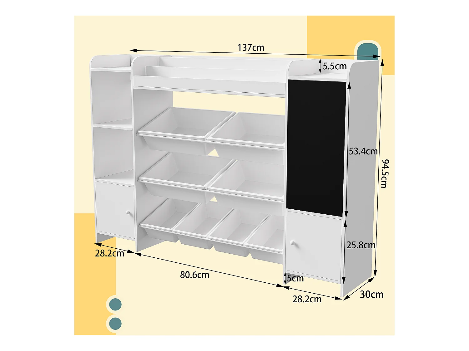 Multifunktionales Bücherregal für Kinder – Aufbewahrungstruhe, Regale, Zeichenbrett, 137 x 94,5 cm