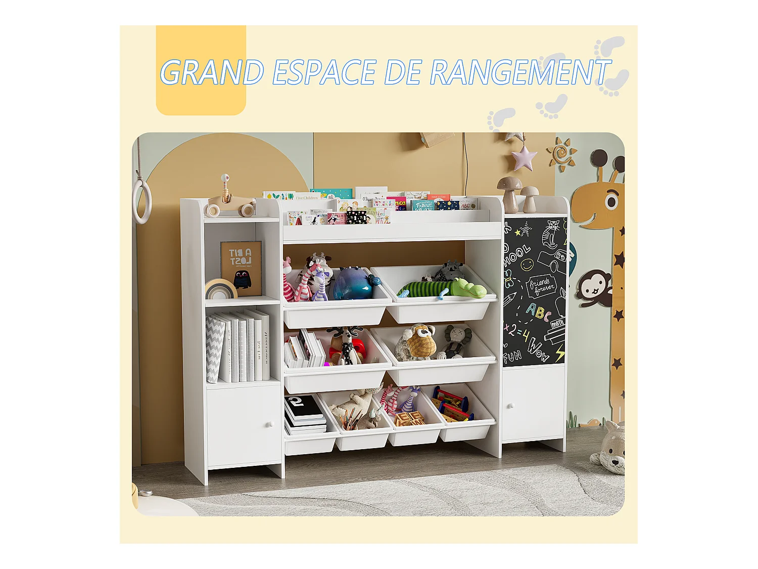 Multifunktionales Bücherregal für Kinder – Aufbewahrungstruhe, Regale, Zeichenbrett, 137 x 94,5 cm