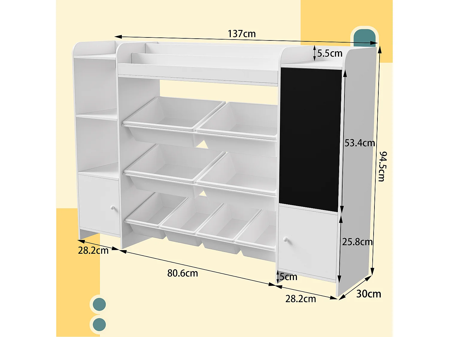Multifunktionales Bücherregal für Kinder – Aufbewahrungstruhe, Regale, Zeichenbrett, 137 x 94,5 cm