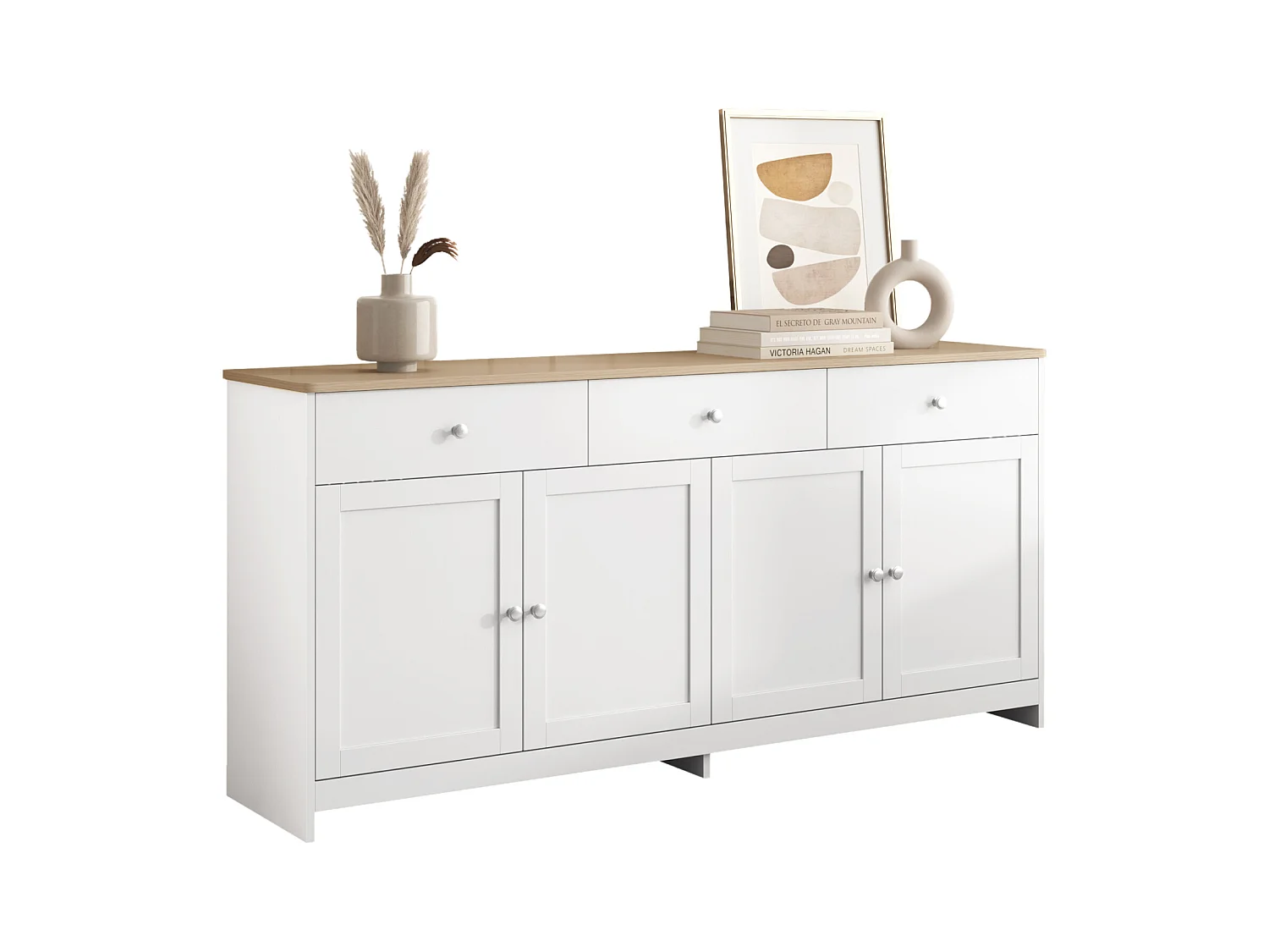 Buffet blanc 3 tiroirs et 4 portes, 160 cm – Style moderne avec étagères réglables – Idéal pour salle à manger, cuisine ou salon